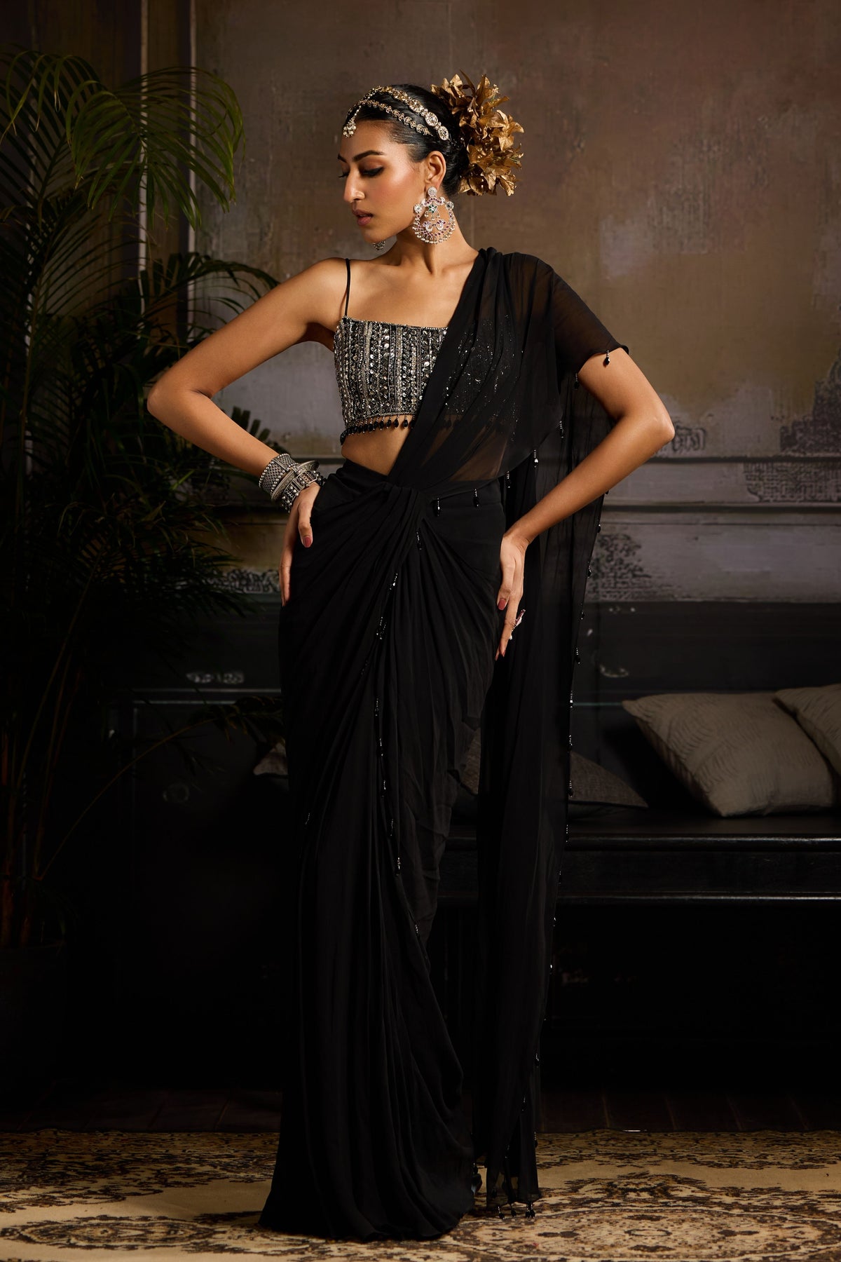 Black Embroidered Drape Saree Set