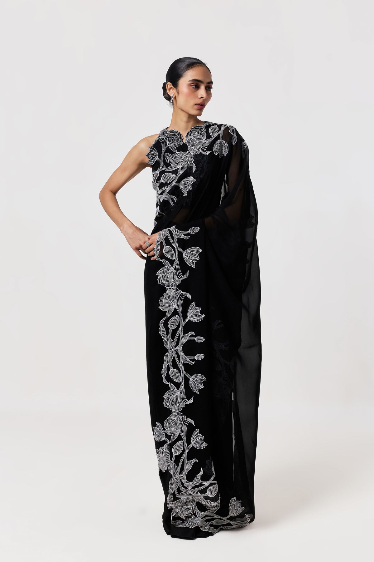 Wild Tulip Black White Pre-Stitched Saree Set