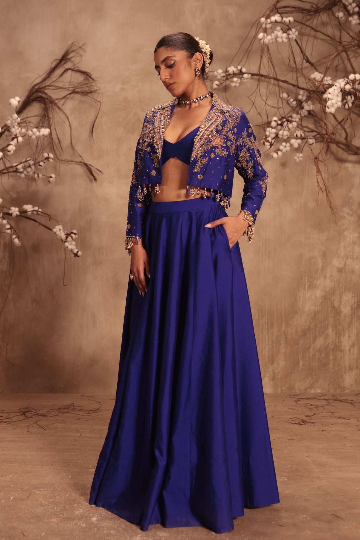 Blue Embroidered Jacket Set