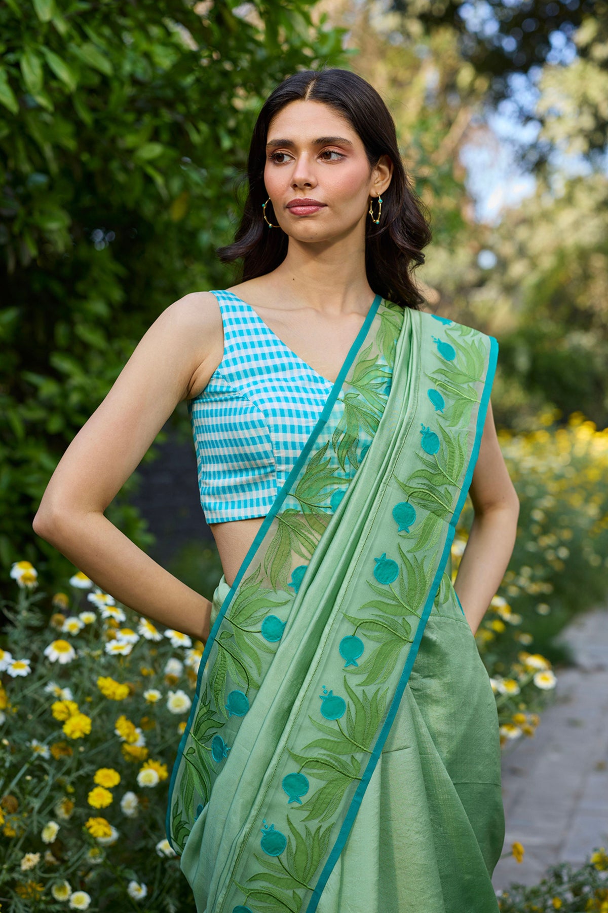Pomegranate Trail Green Embroidered Saree