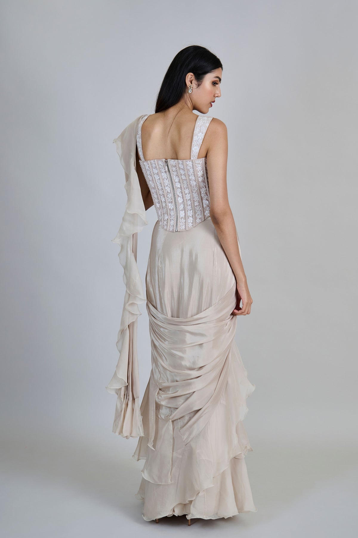 Champagne Draped Saree Set