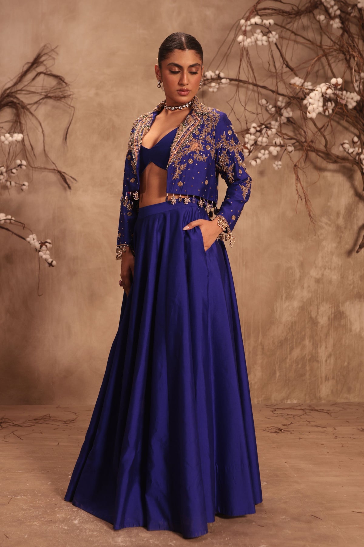 Blue Embroidered Jacket Set