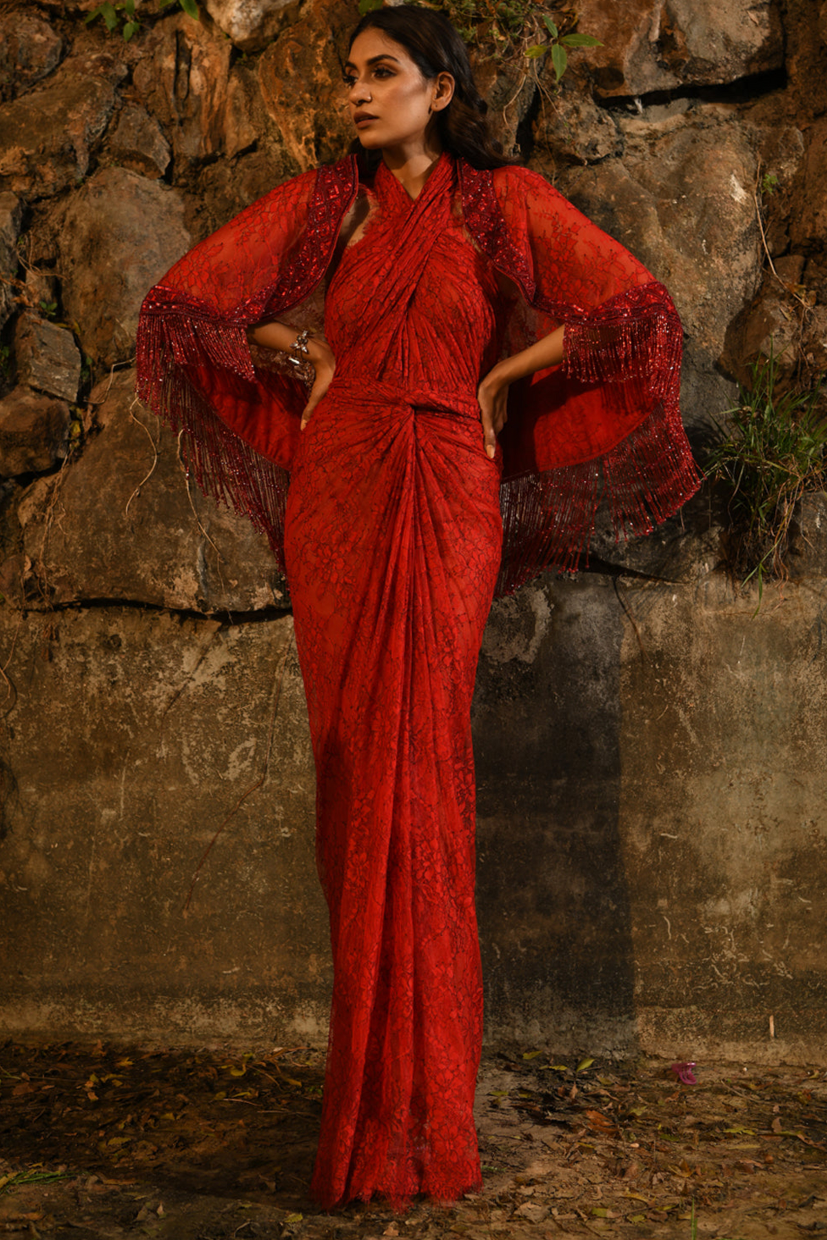 Red drape dress with cape jacket
