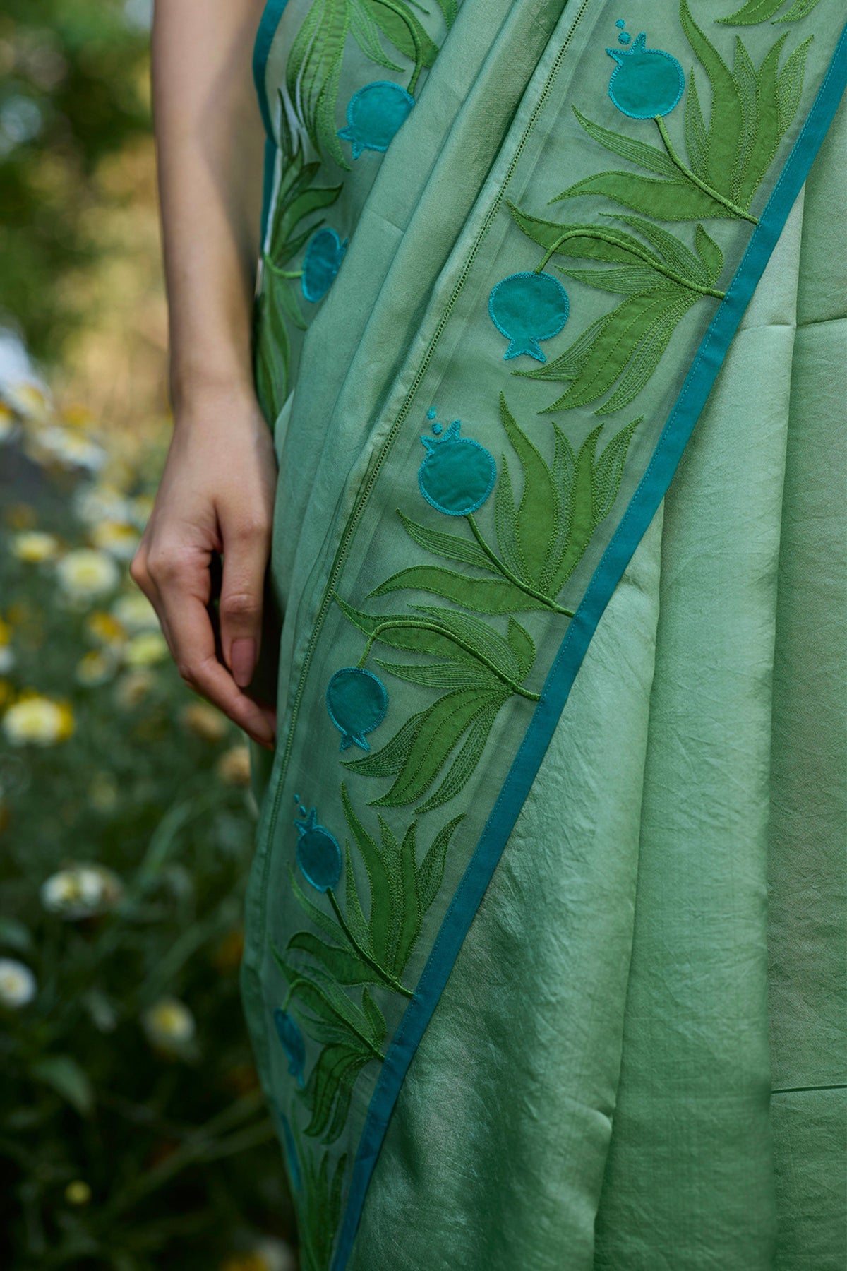 Pomegranate Trail Green Embroidered Saree