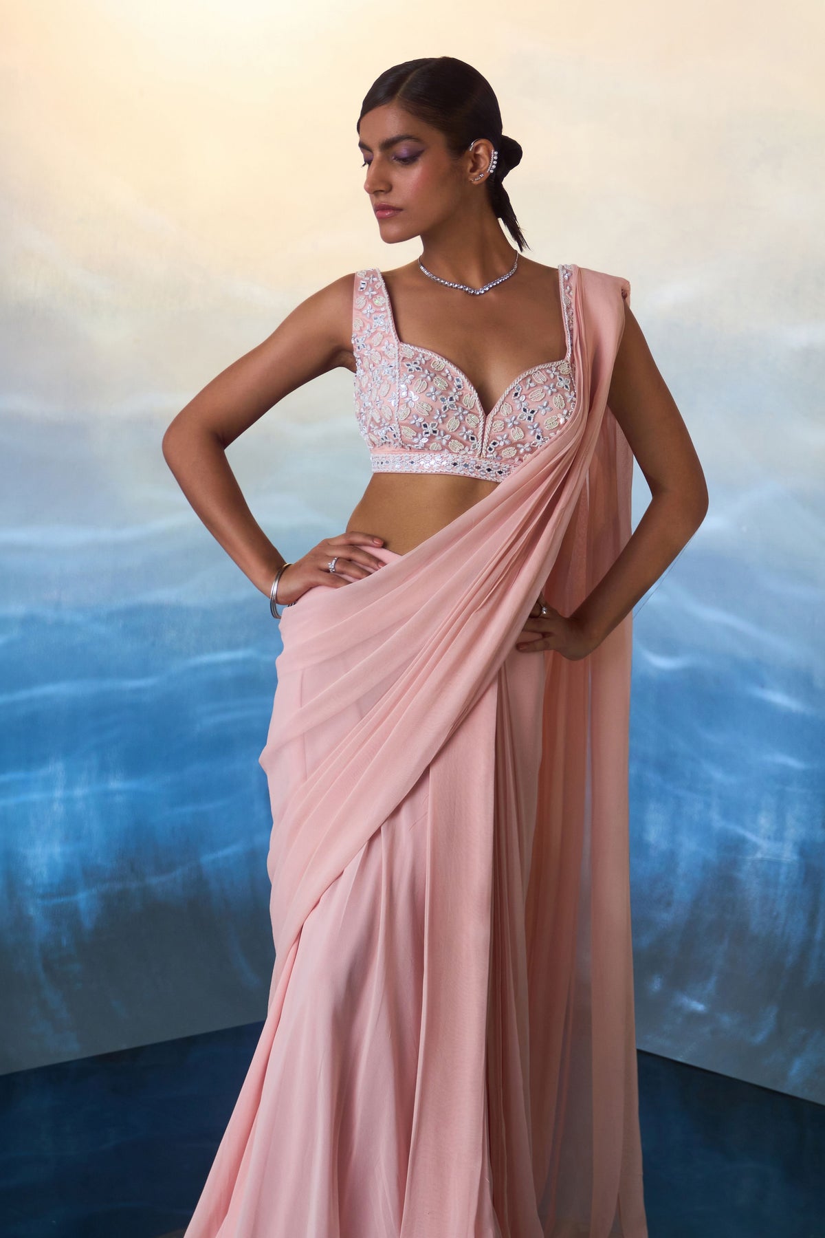 Dusty Peach Drape Saree Set