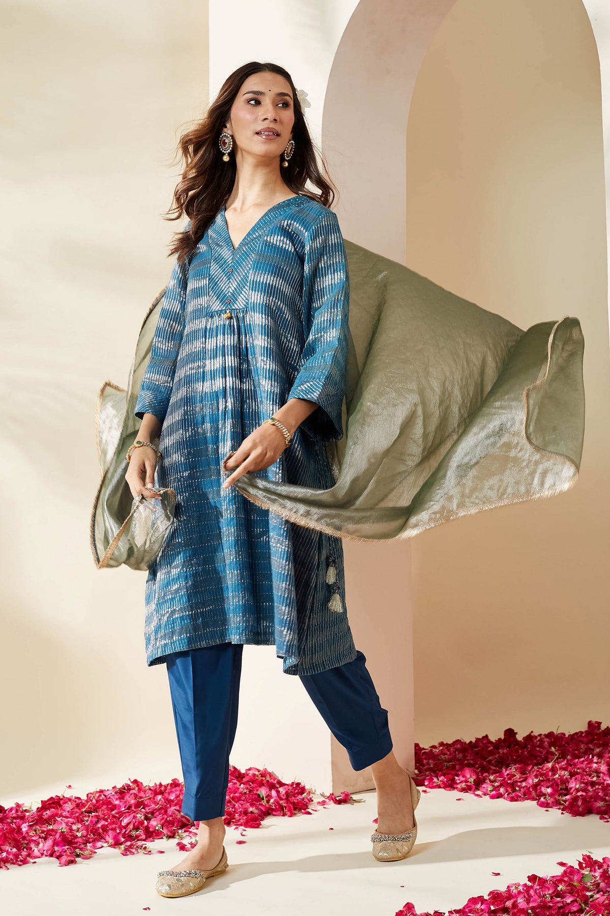 Blue Zari Stripe Kurta Set