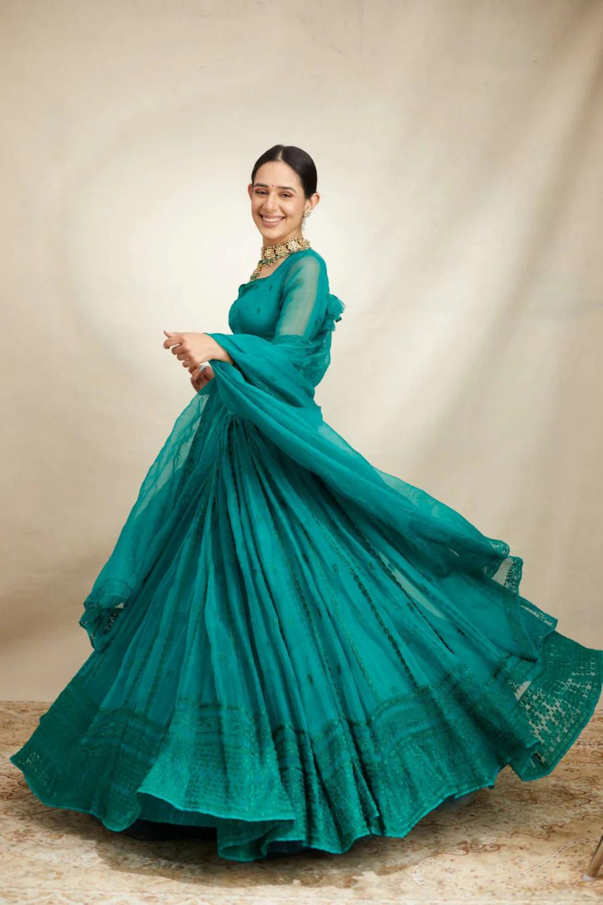Teal Green Organza Lehenga Set