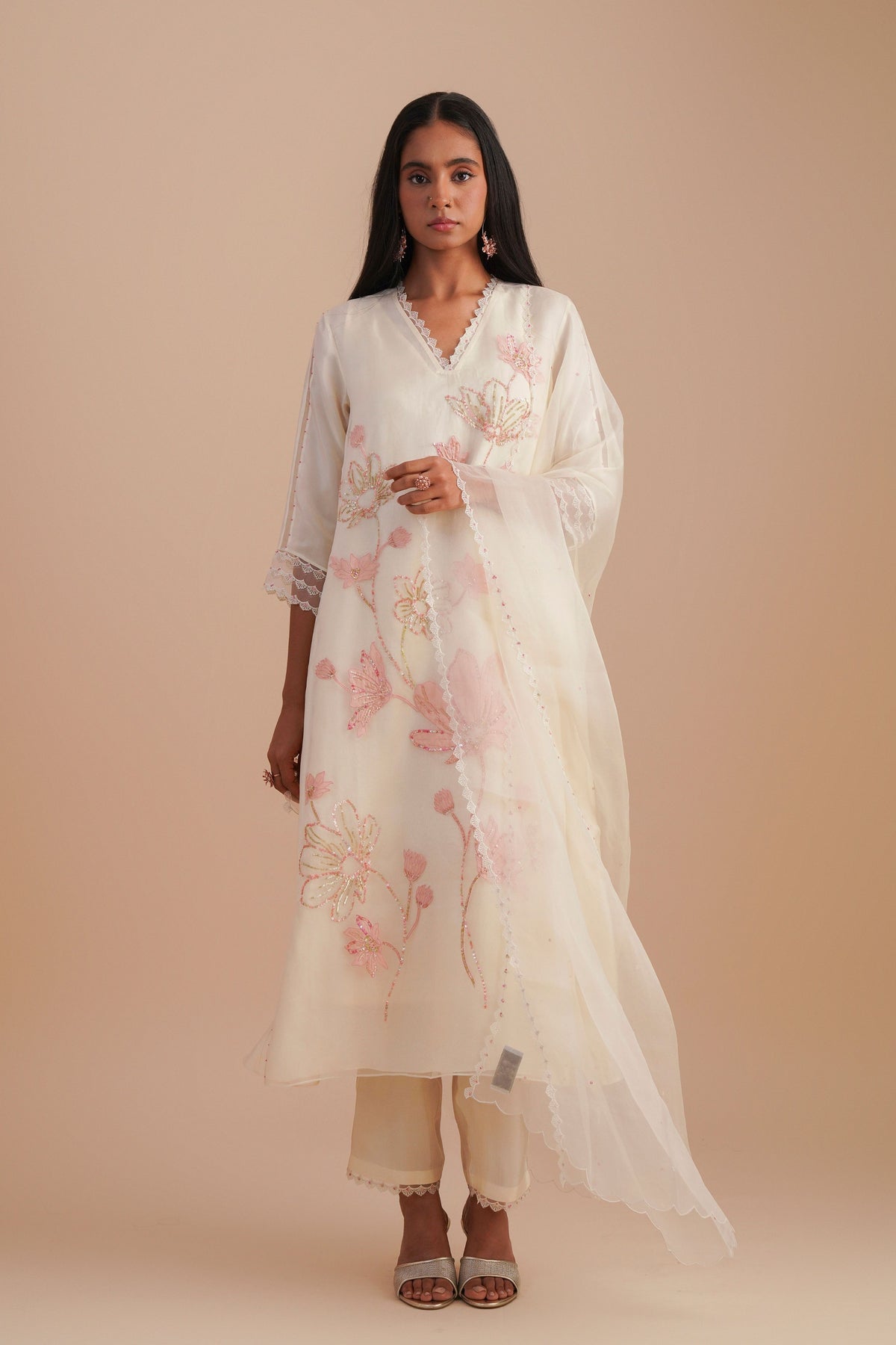 Ecru Silk Organza Dupatta