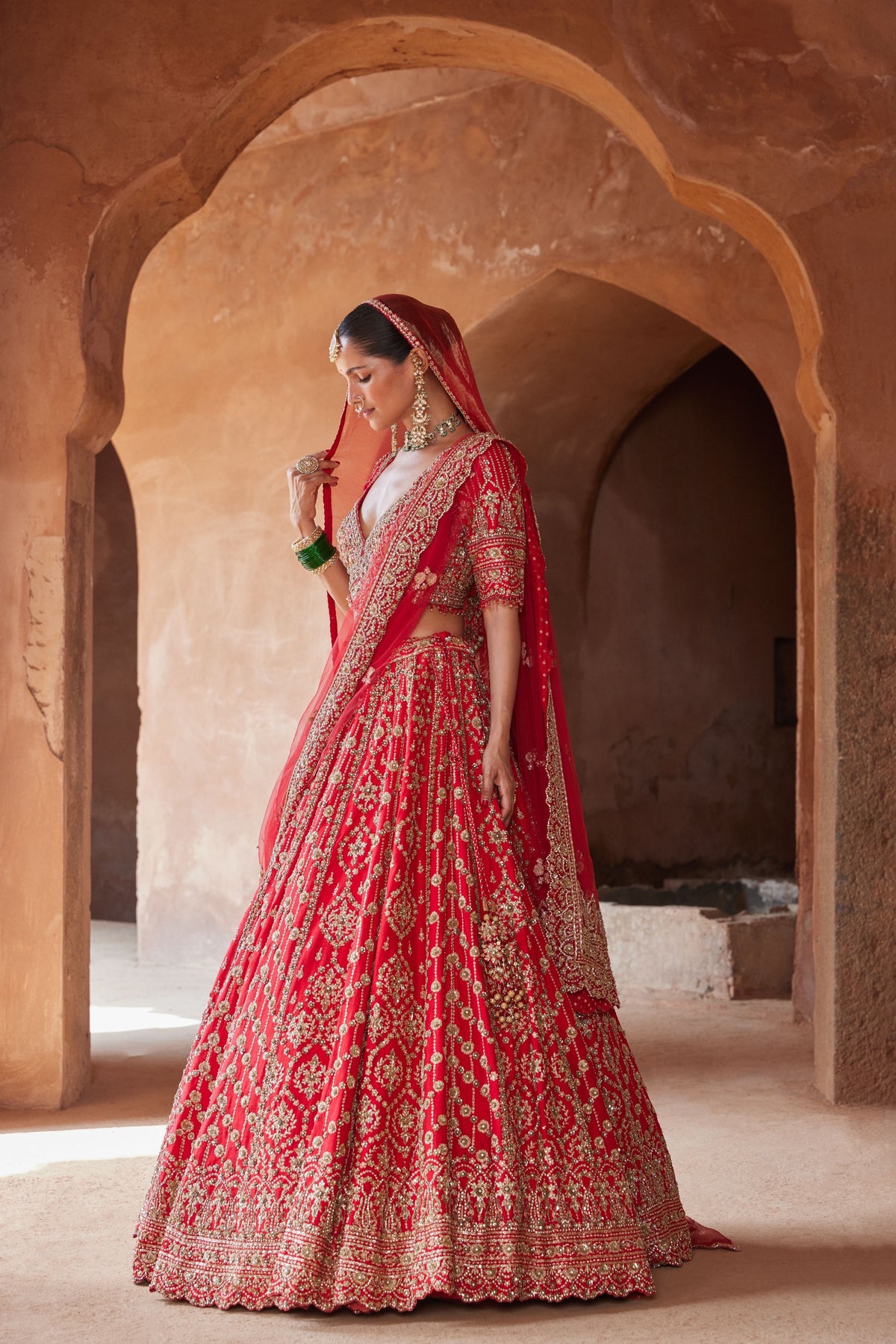 Vibrant Red Raw Silk Lehenga Set