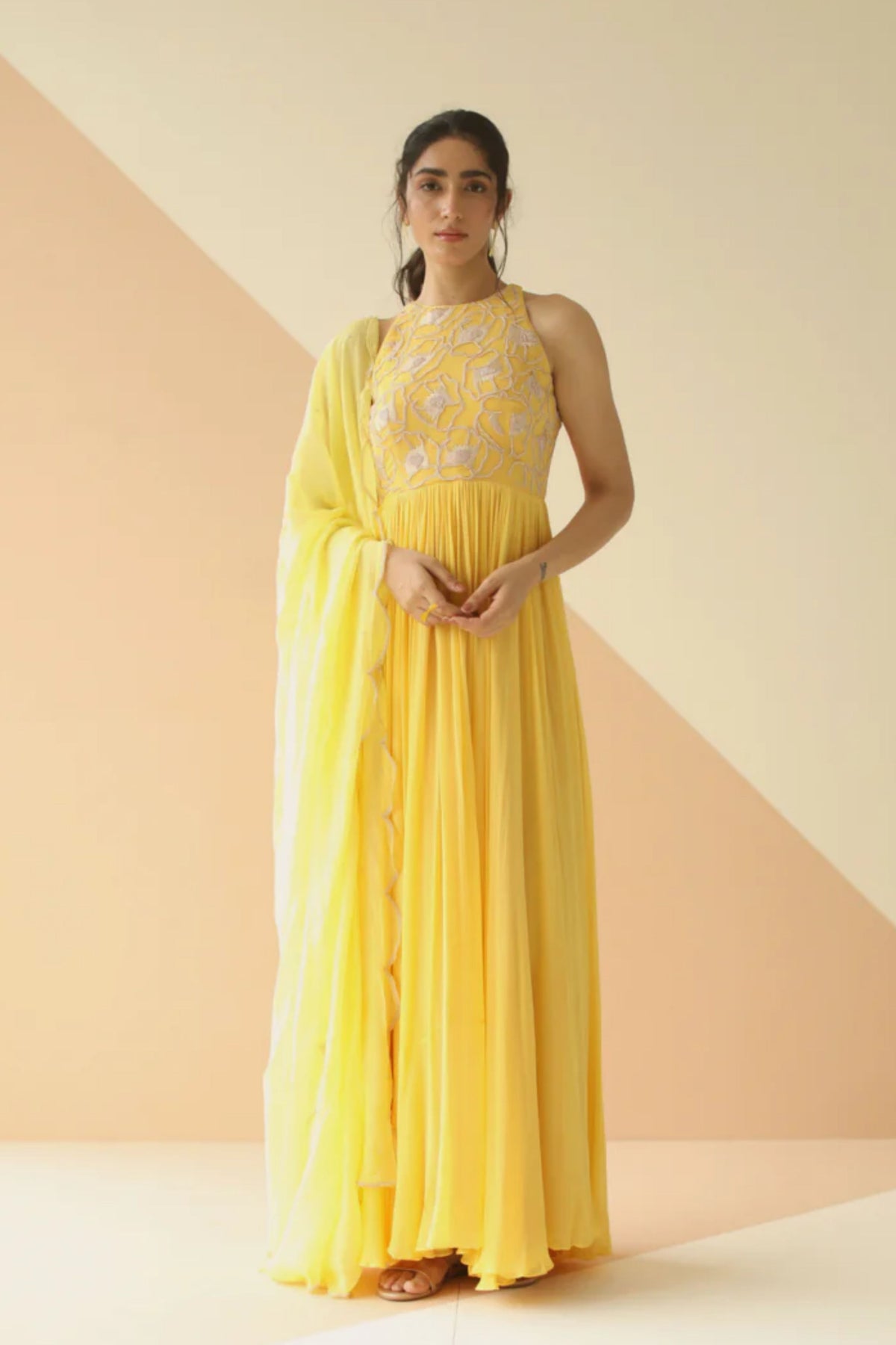 yellow abstract yoke anarkali