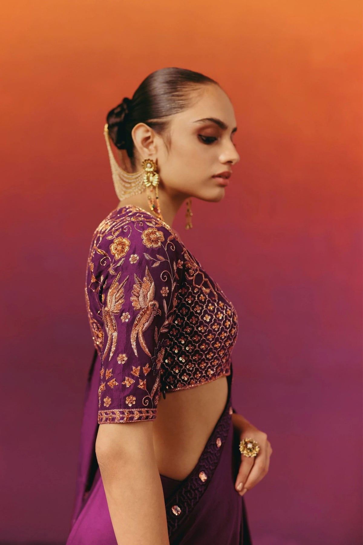 Embroidered Purple Saree Set