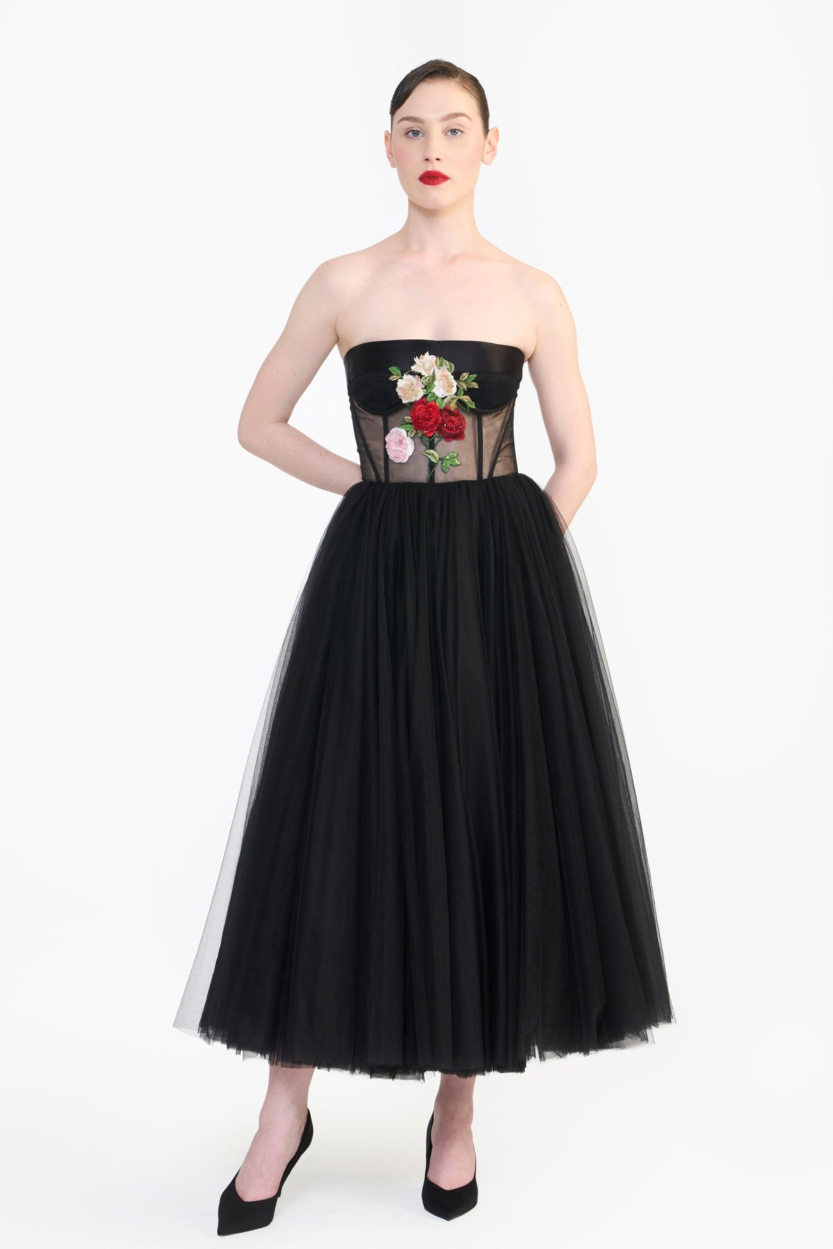 Tulle Midi With Floral Embroidery