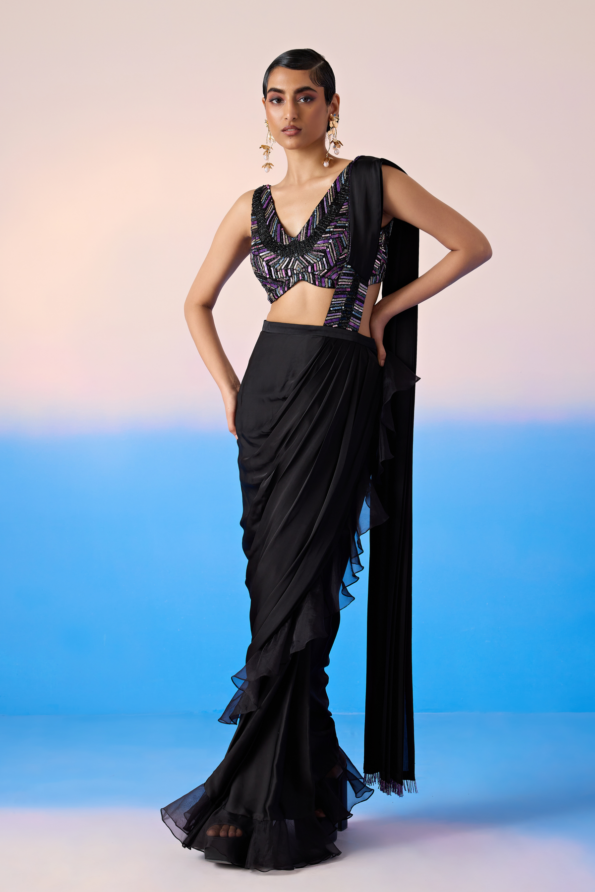 Black Draped Saree Set