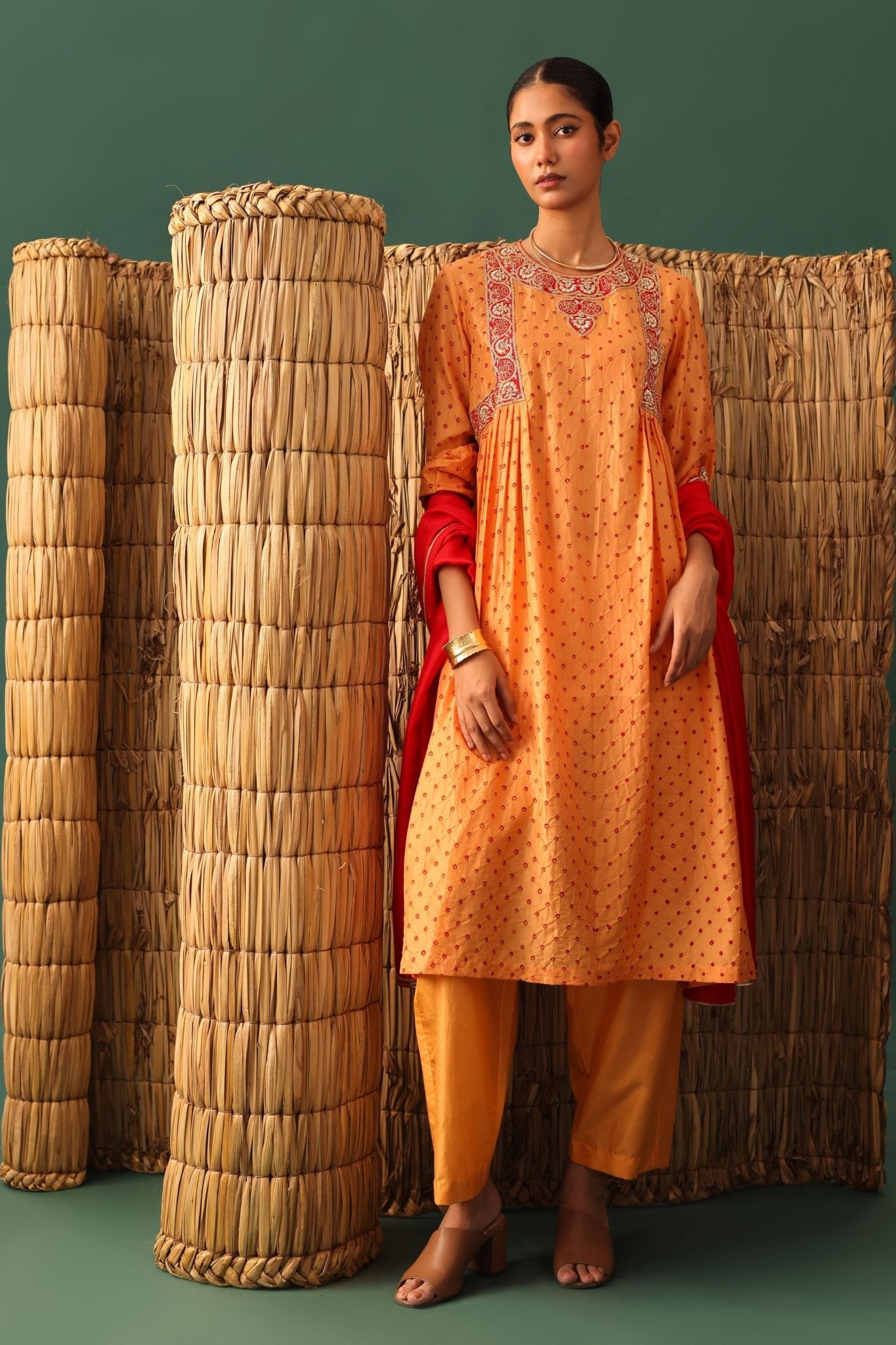 Orange Bandhani Zardozi Kurta Set - Naina Jain - Elahe