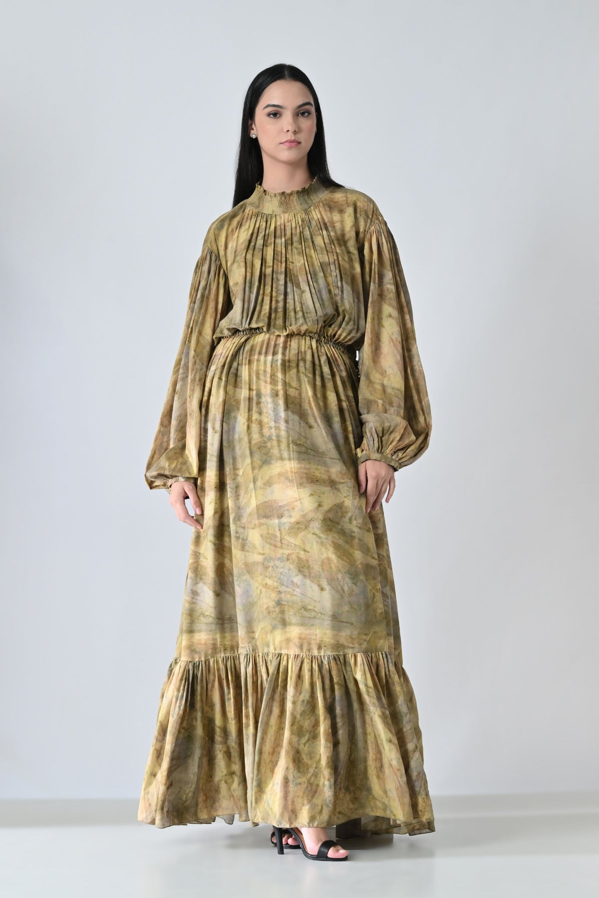 Olive Dye Printed Long Dress