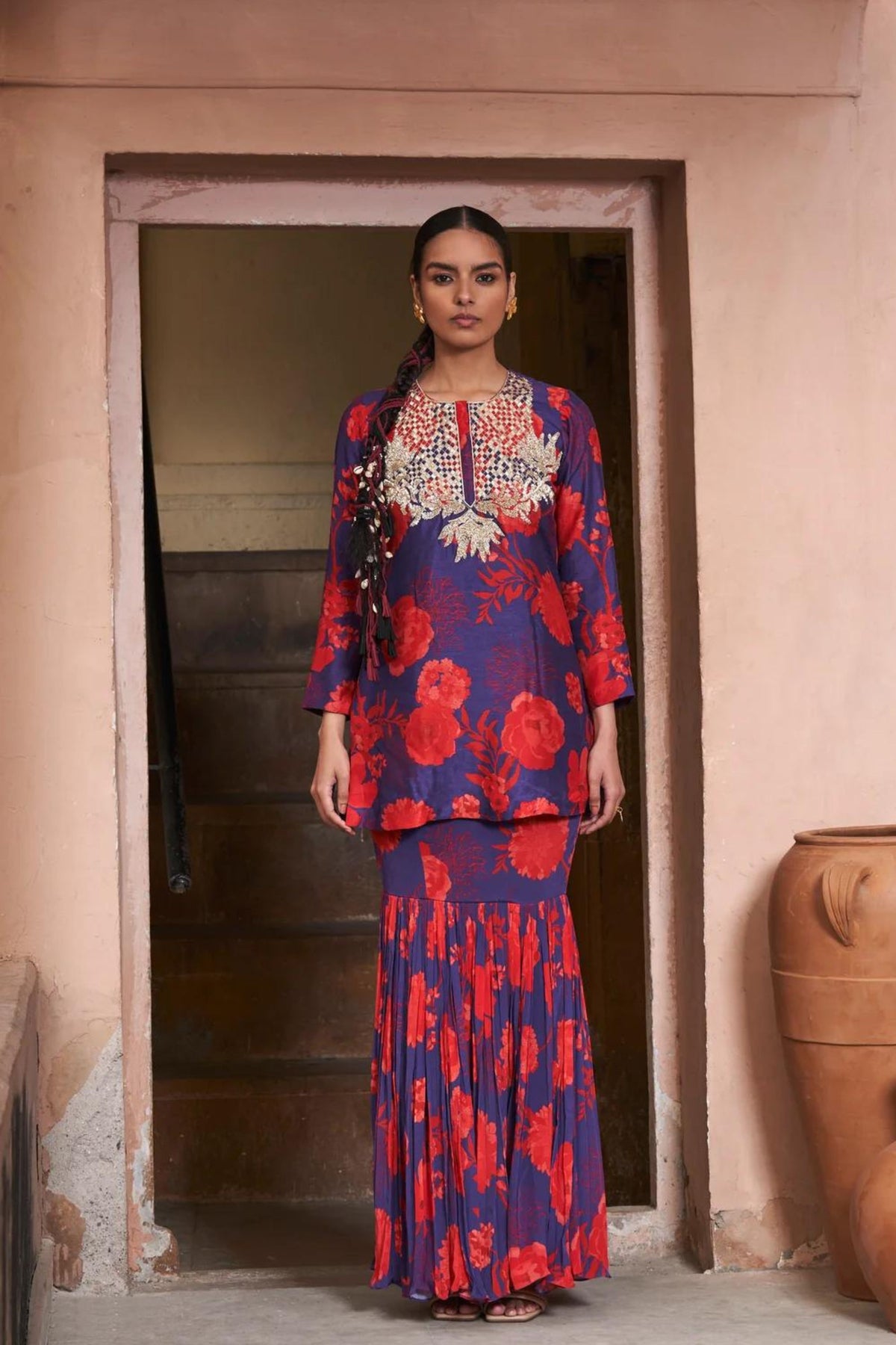 Red &amp; Blue Moroccan Yoke Zardozi Sharara Set