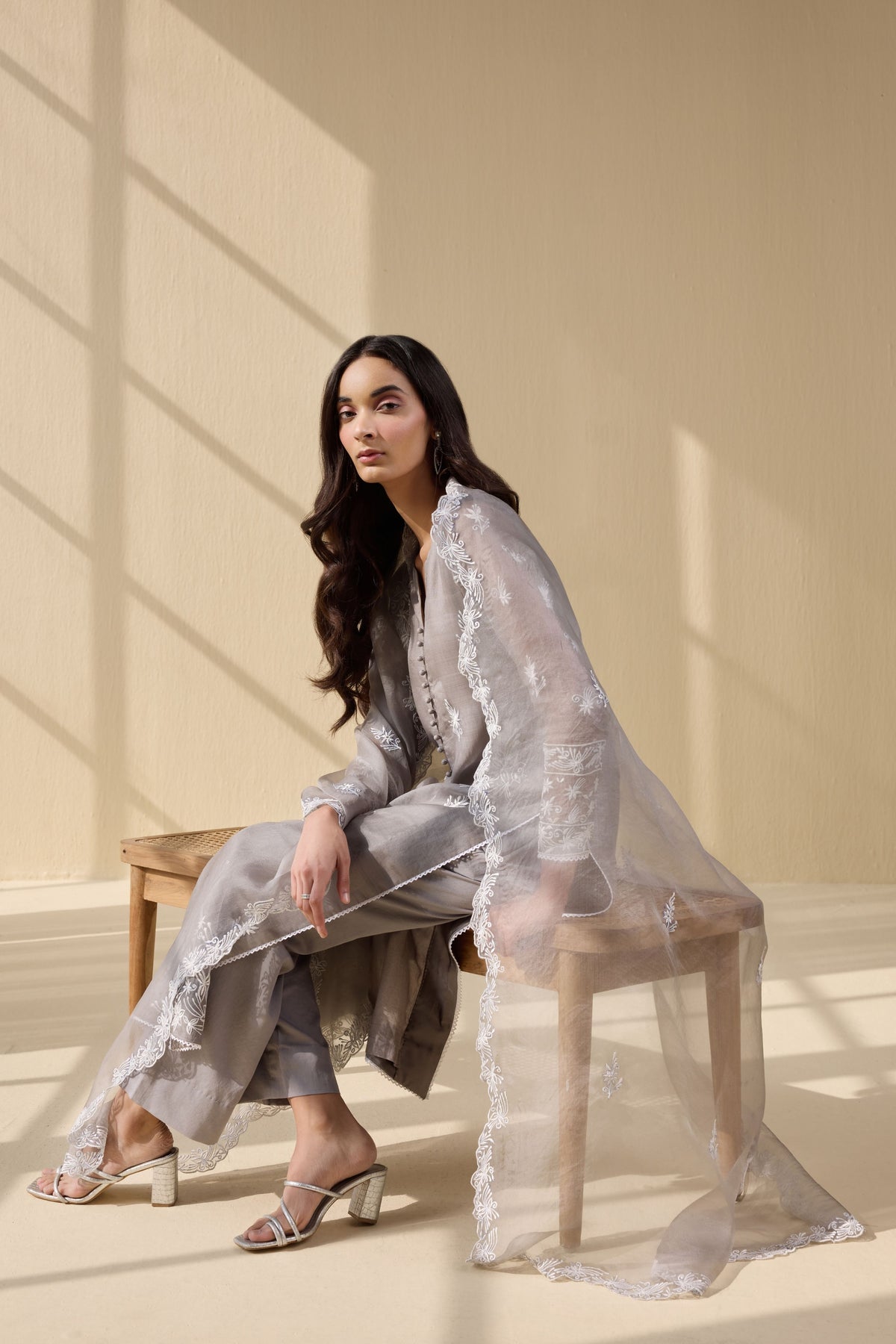 Grey Embroidered Organza Suit