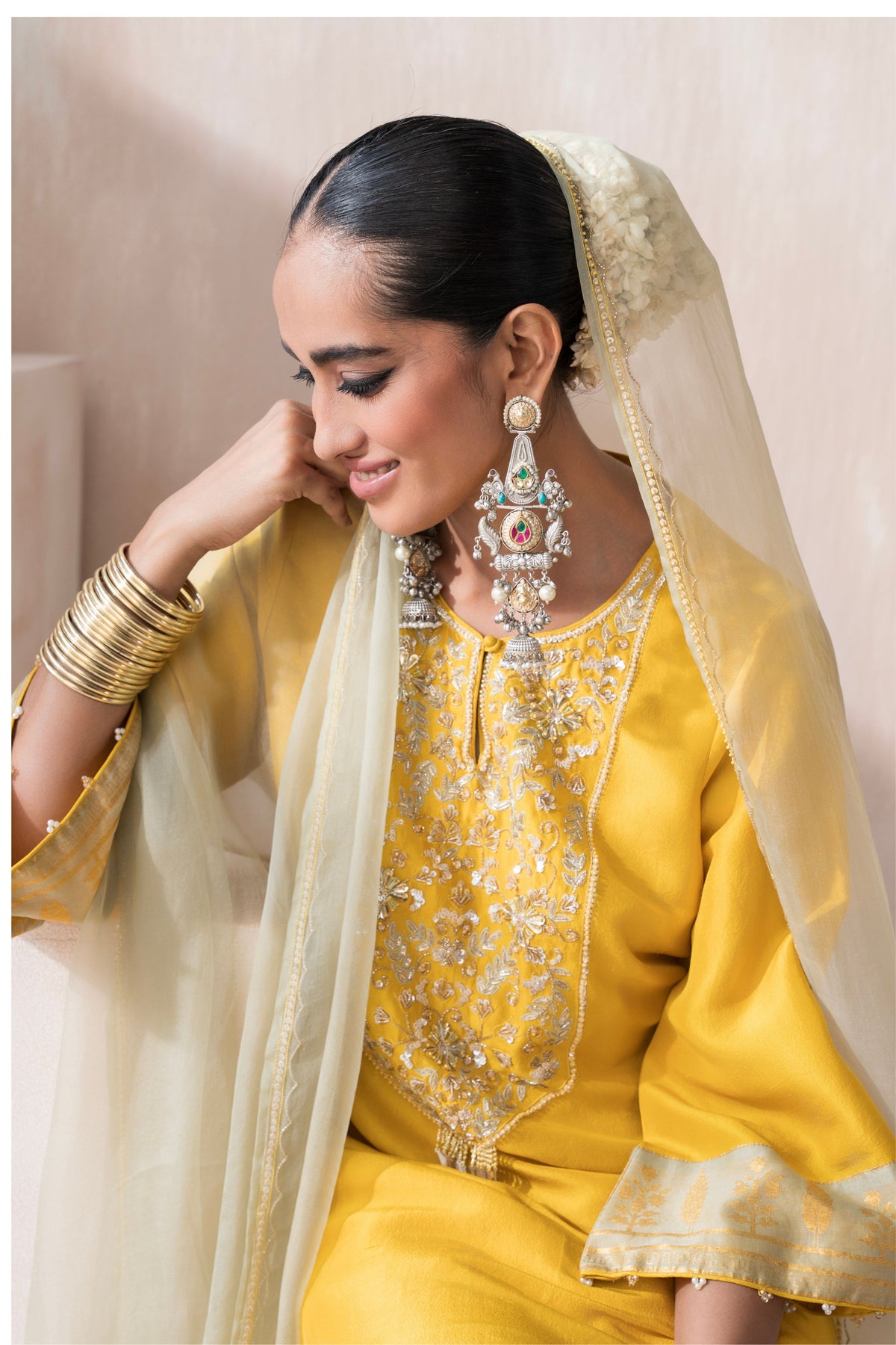 Yellow &amp; Mint High Low Kurta Set
