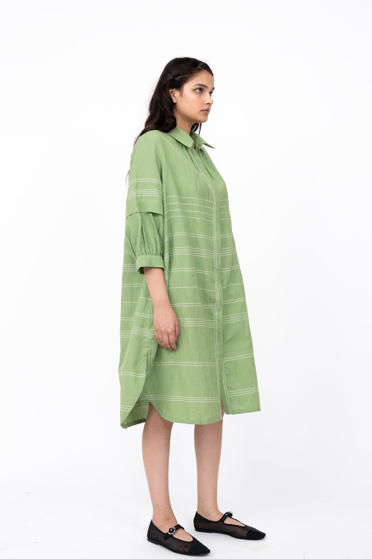 Pleated Fence Green Shirt Dress