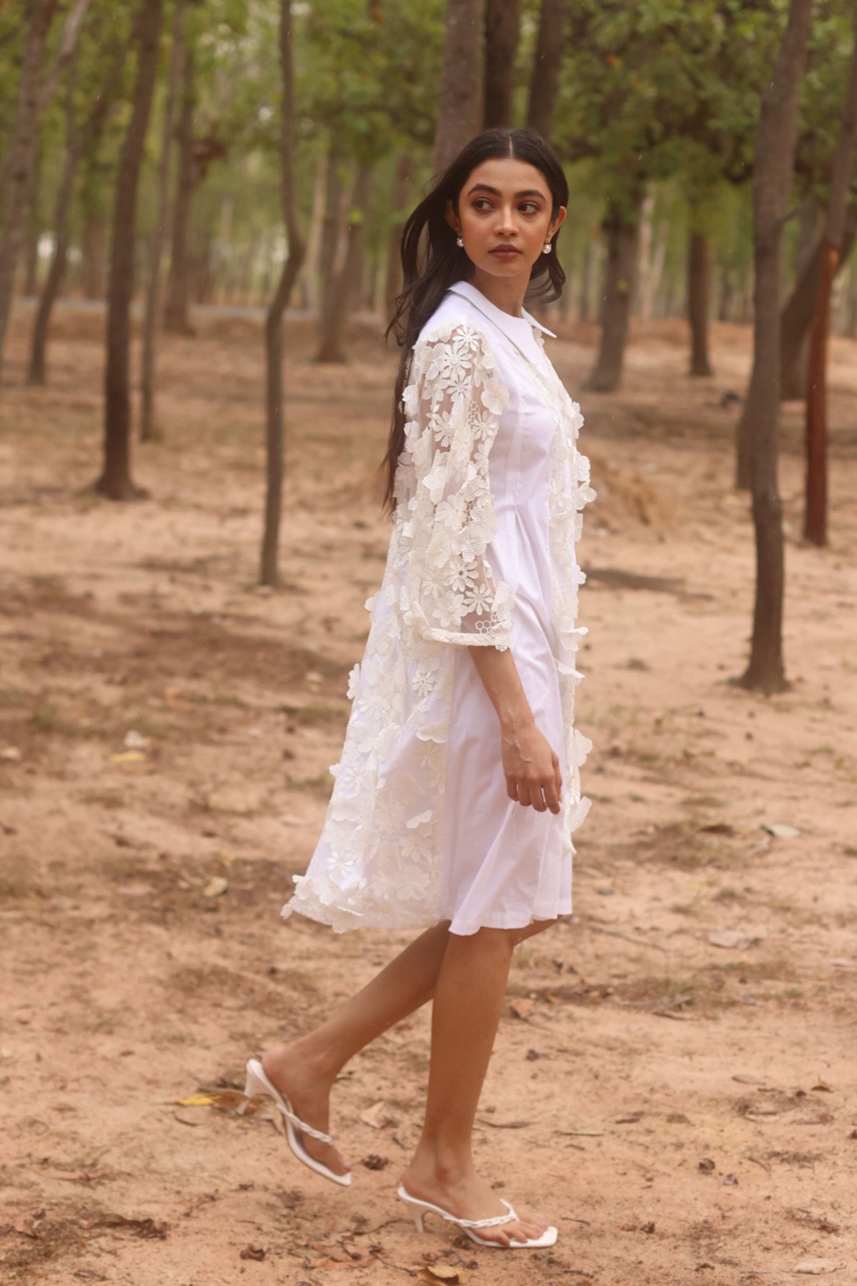 Pearled Ivory Button Down Swish Dress