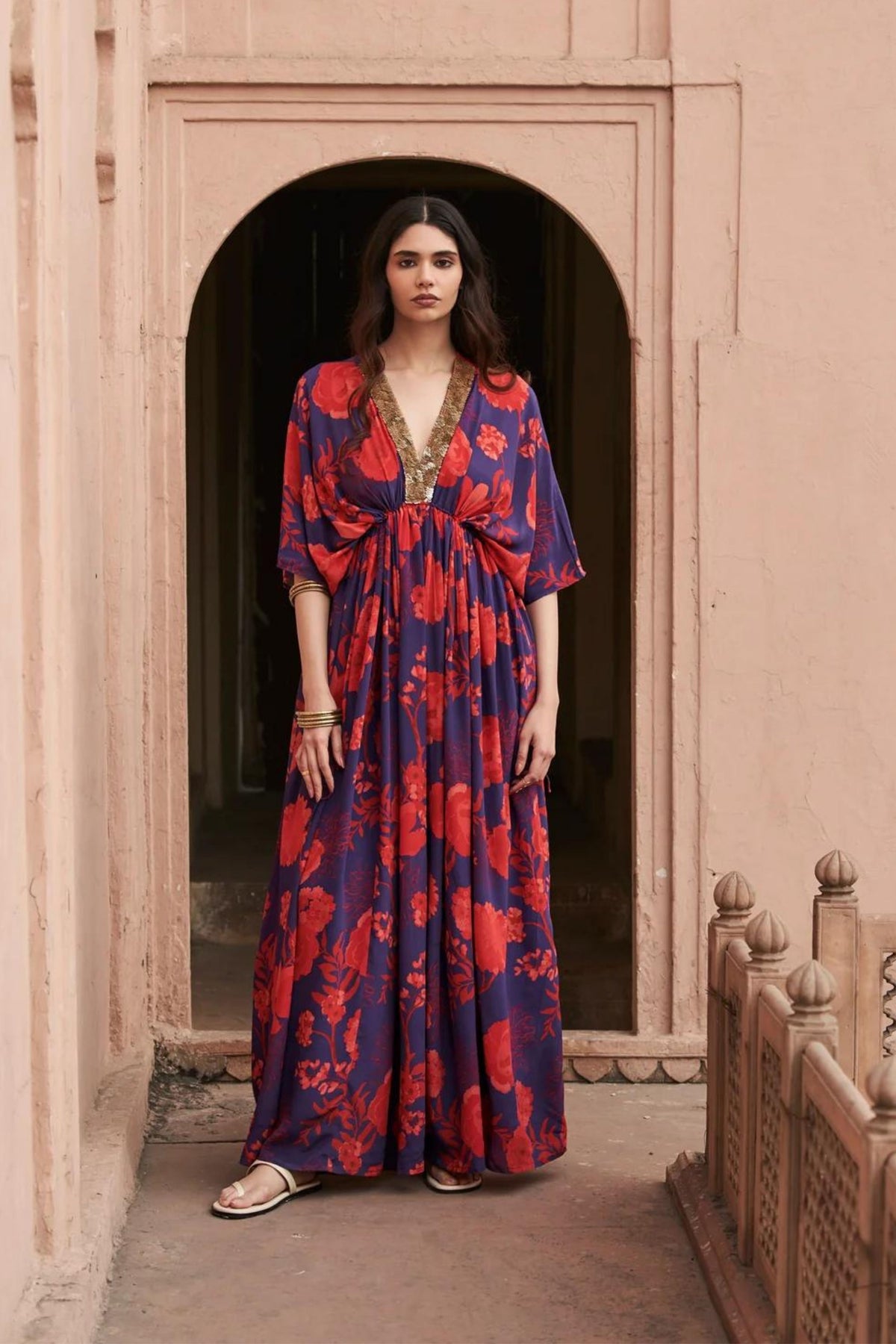 Red &amp; Blue Sequin Neck Kaftan