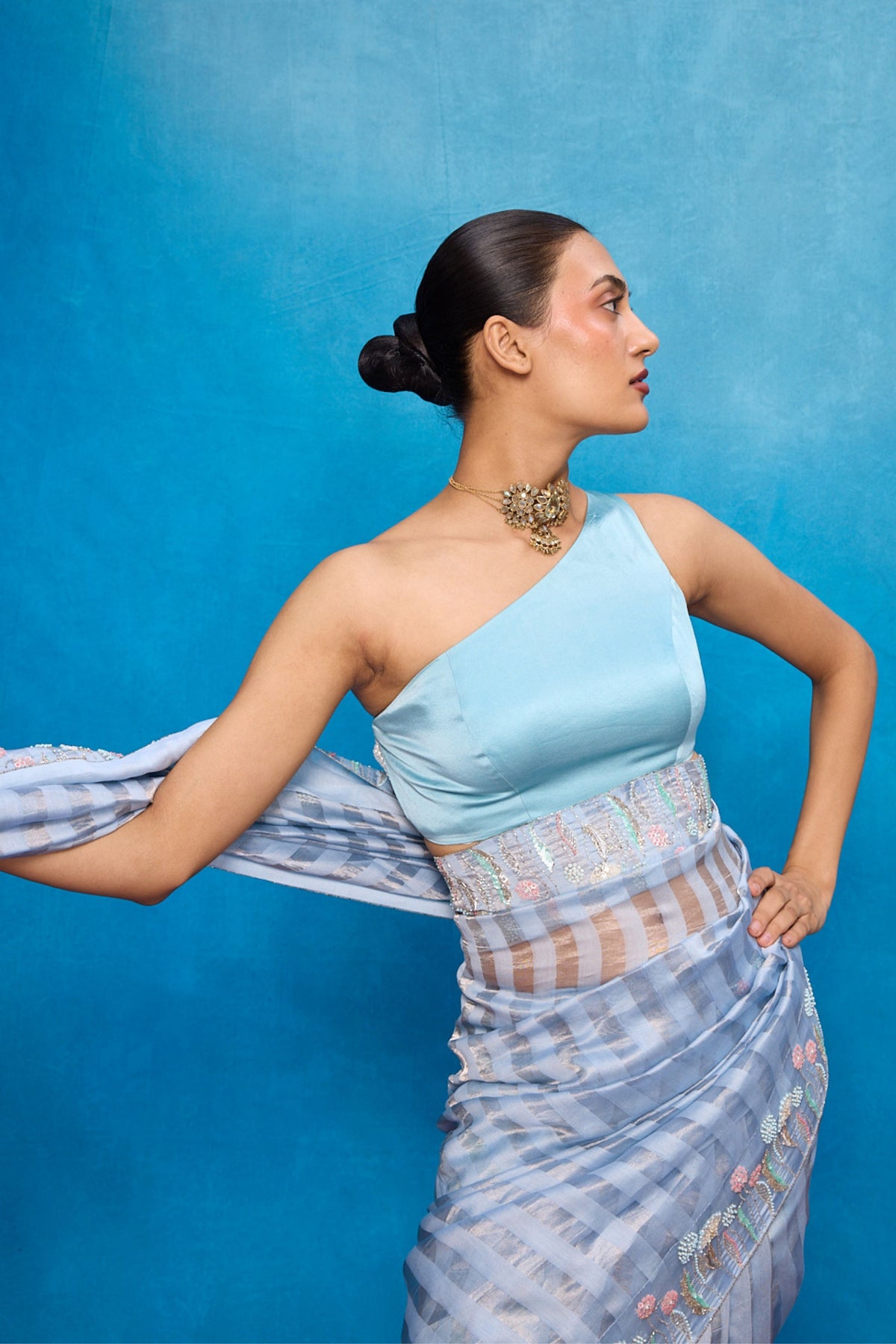 Handwoven Ice Blue Tissue Embroidered Saree