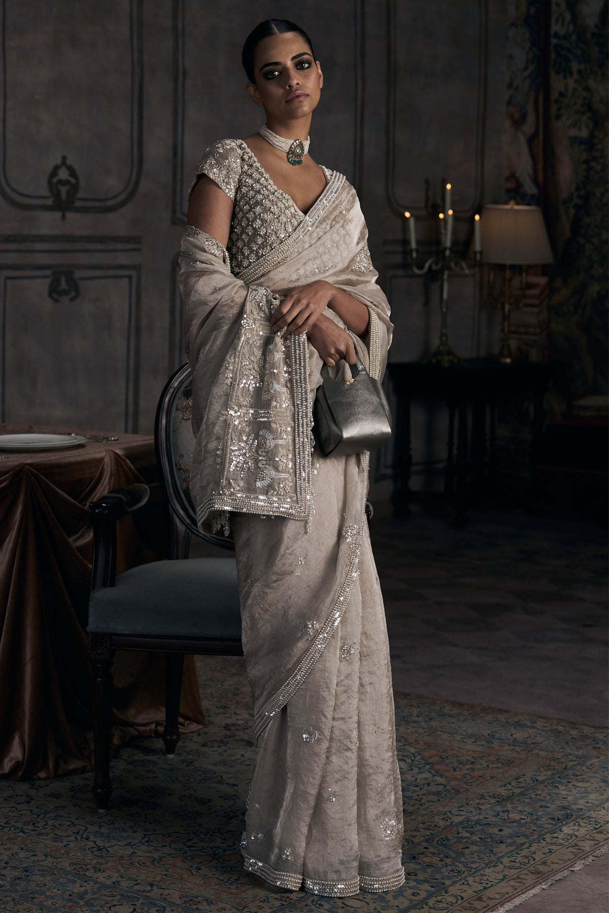 Silver Dandelion Tissue Saree Set