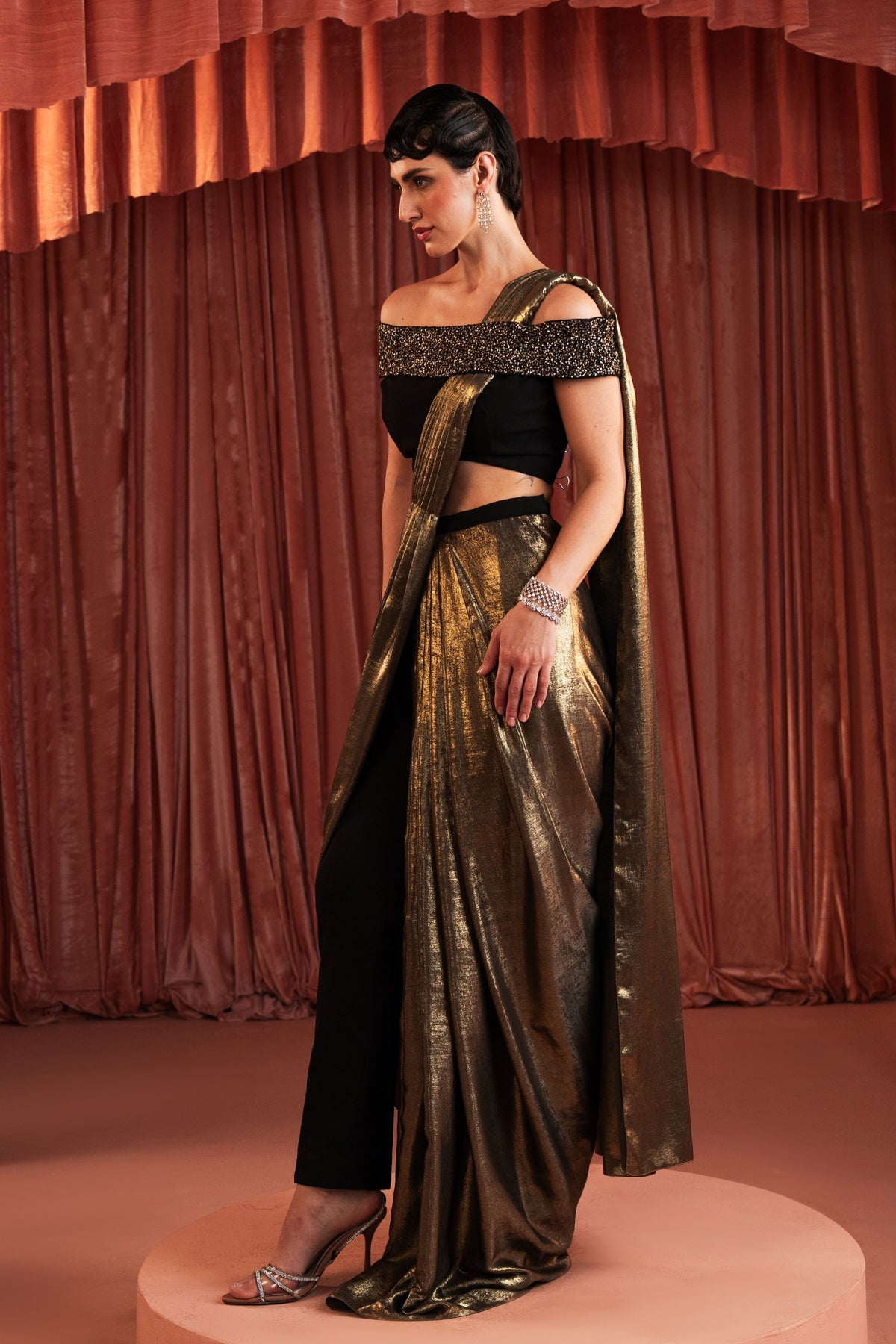 Black Beaded Pre-Draped Pant Saree Set