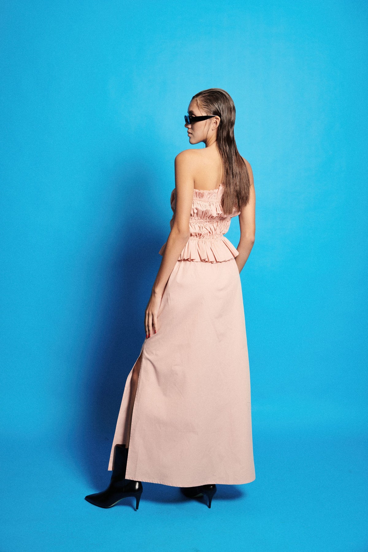 Poplin Smocky Crop Top With Slit Skirt Set