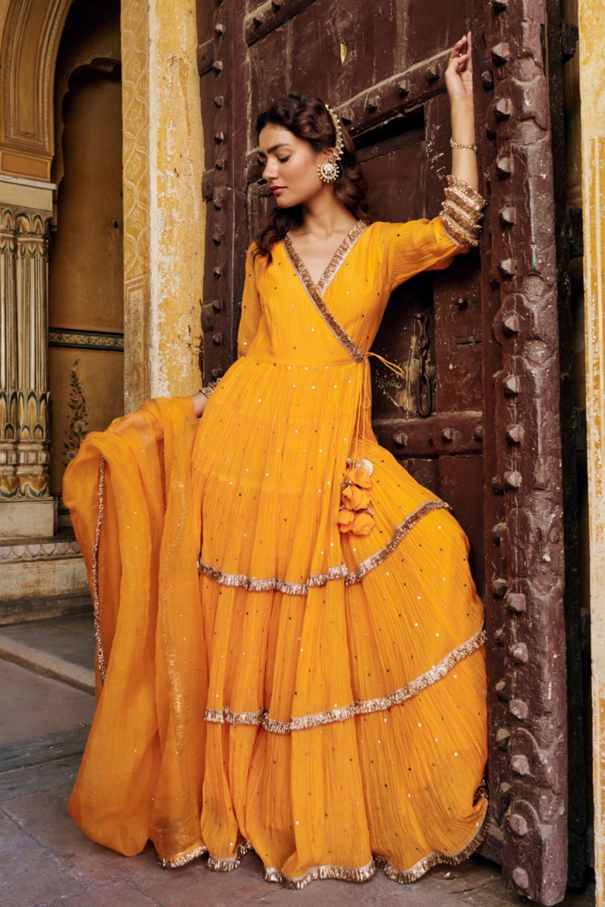 Saffron Tiered Angrakha Set