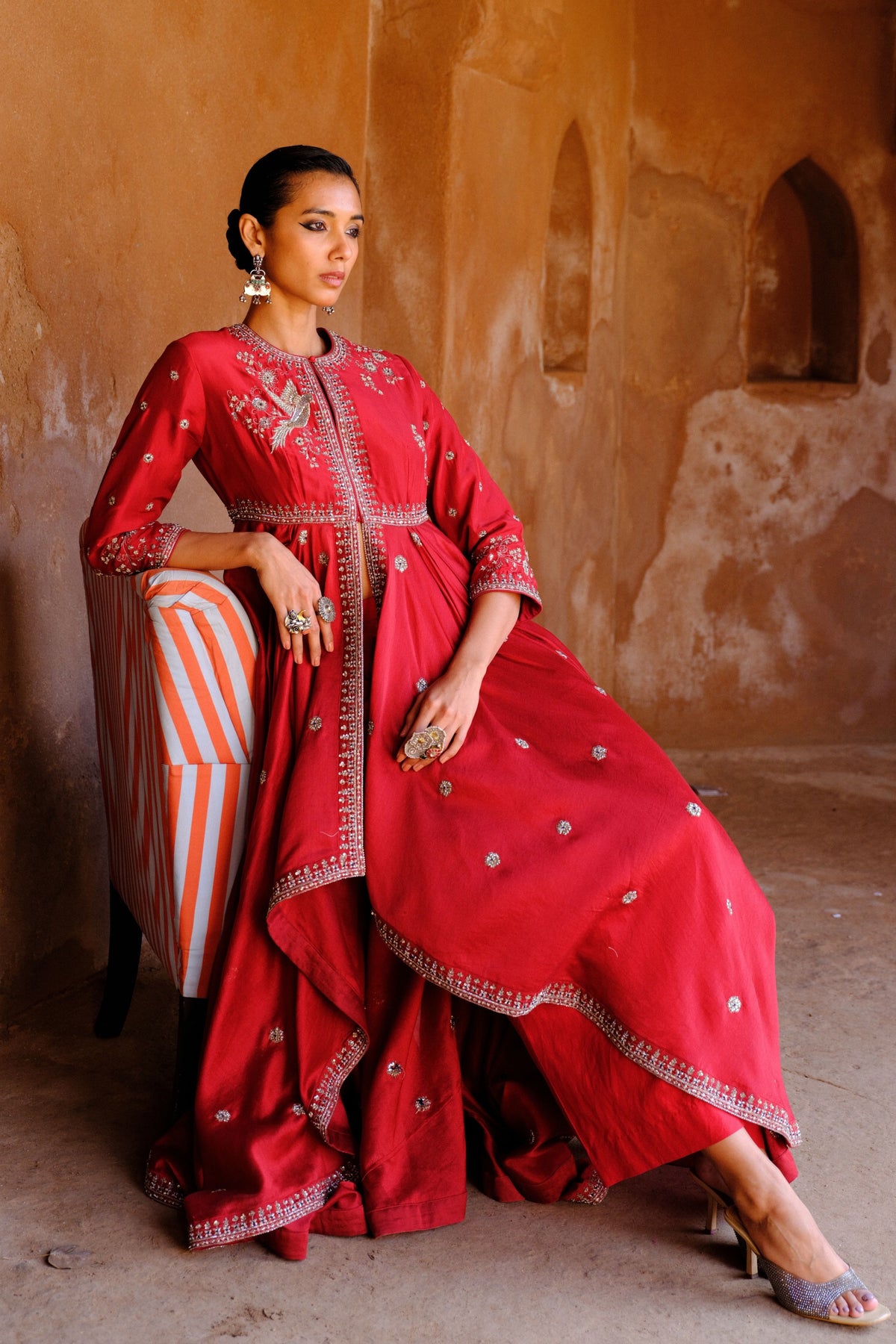 Embroidery Red Anarkali With Pants