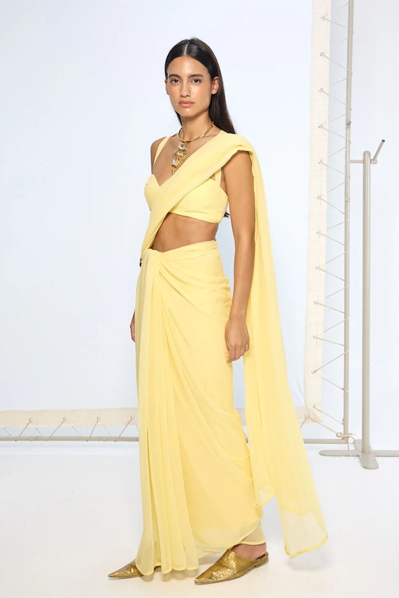 Yellow Brooch Chiffon Saree - Ekaya - Elahe