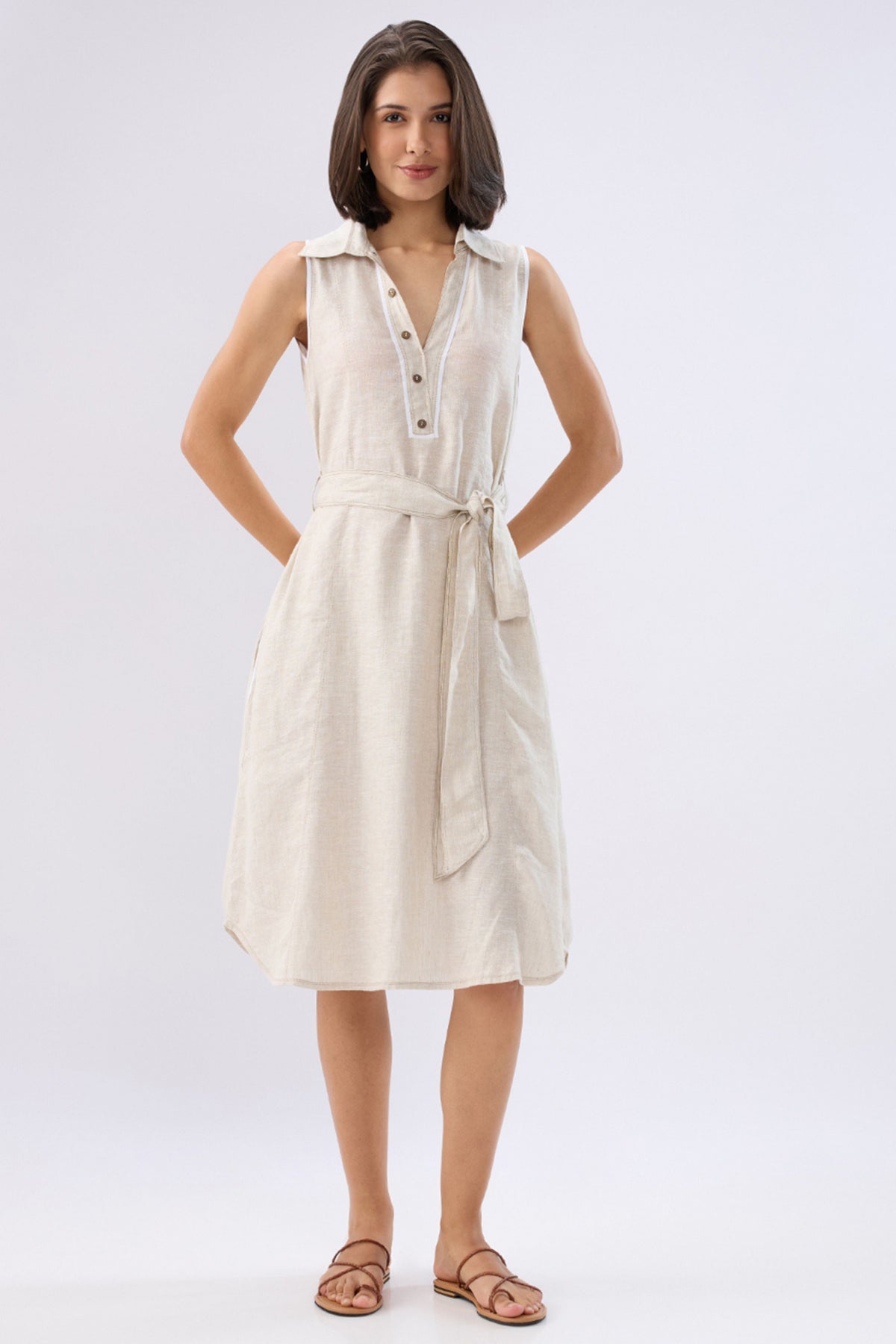 Beige A-line Tie-up Dress