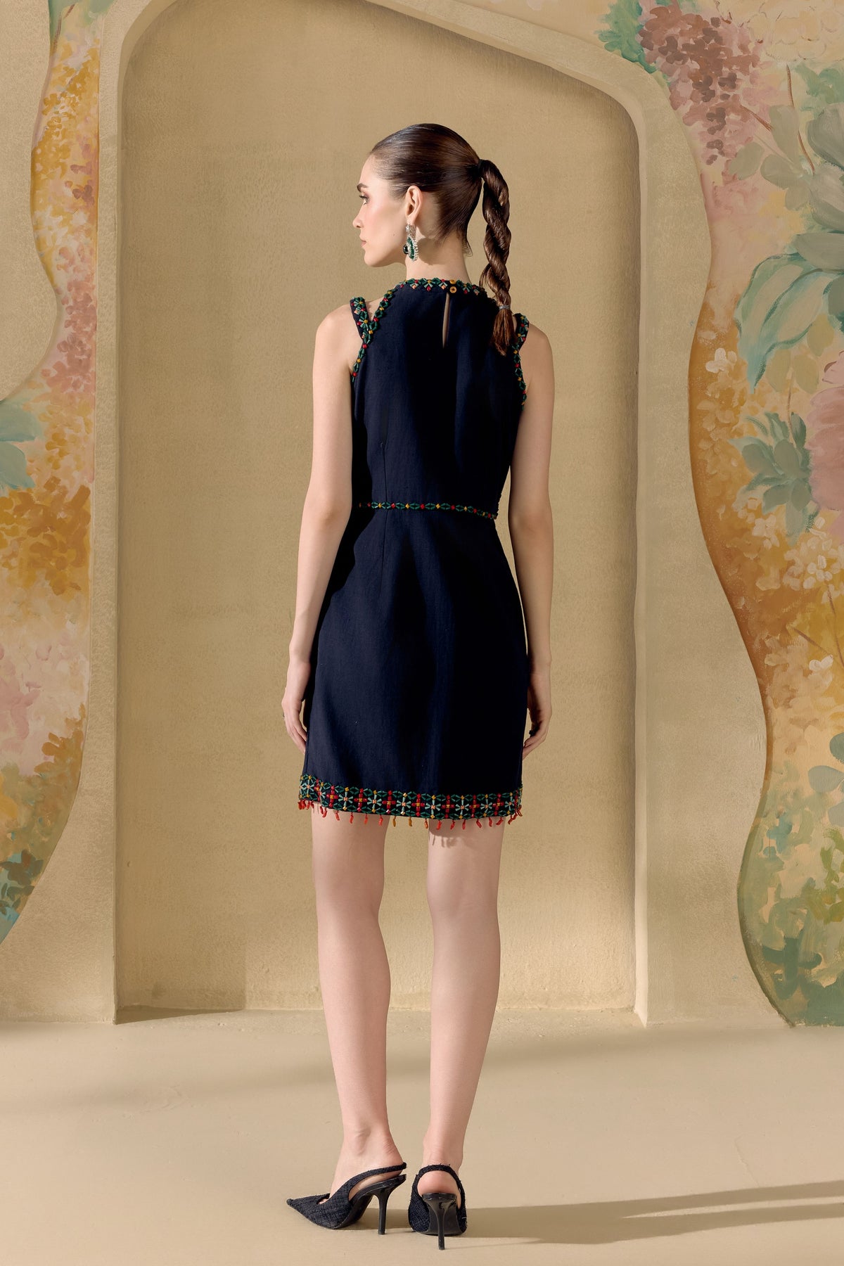 Black Mosaic Beadwork Cutout Dress