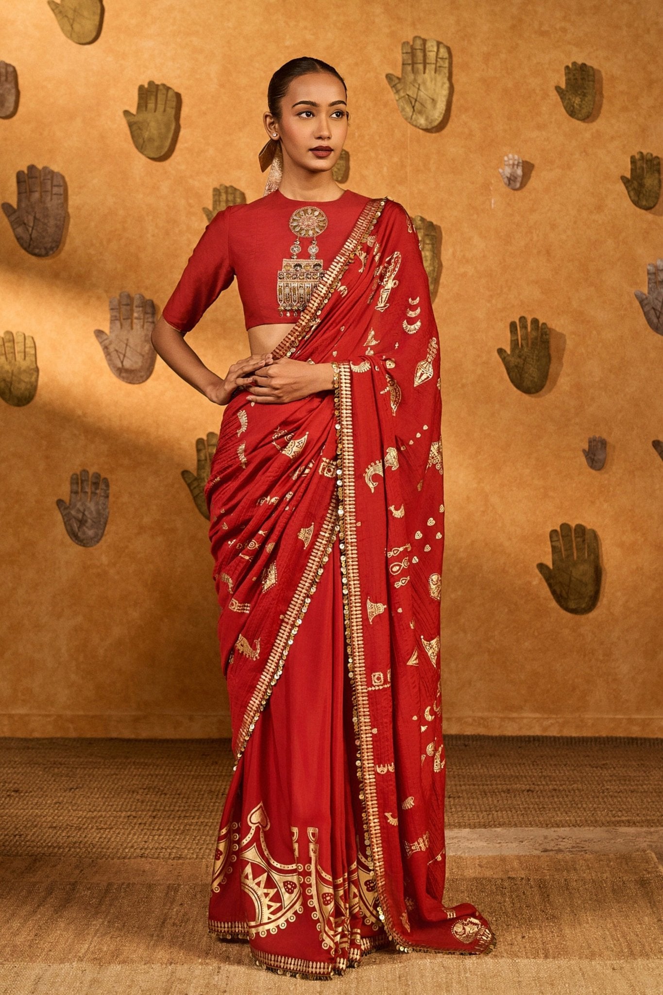 Red Crushed Folkstone Saree - Masaba - Elahe