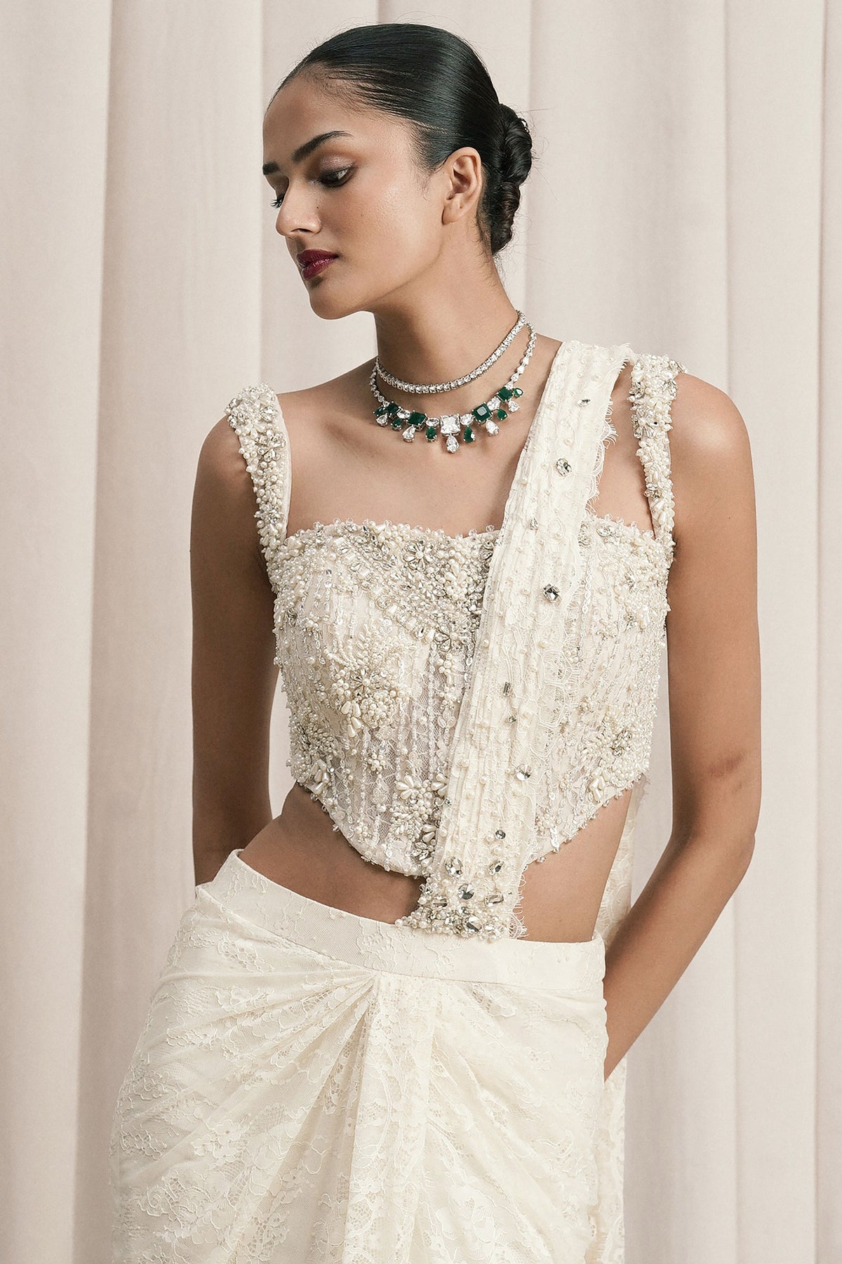 Ivory Chantilly Lace Draped Saree  Set