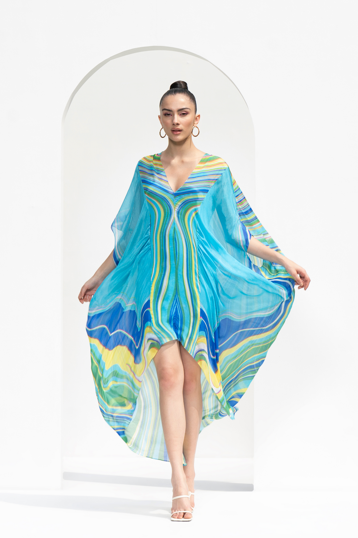 Blue Marble Placement Printed Chiffon Kaftan