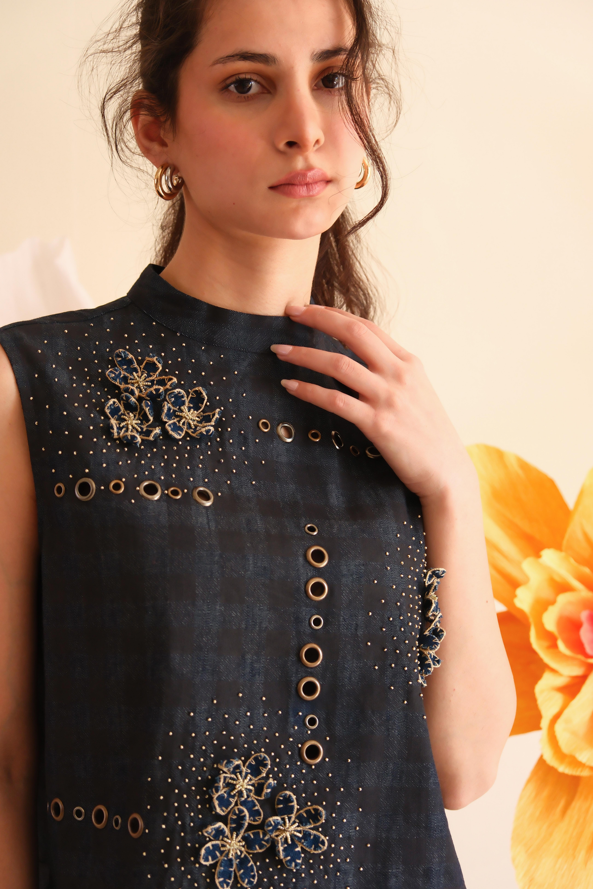 Midnight Blue Floral Checkered Top