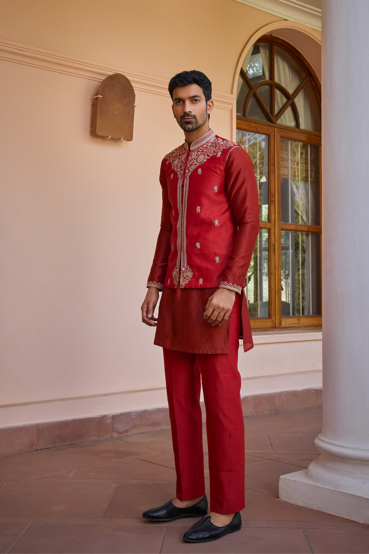 Red hand embroidered bundi jacket set