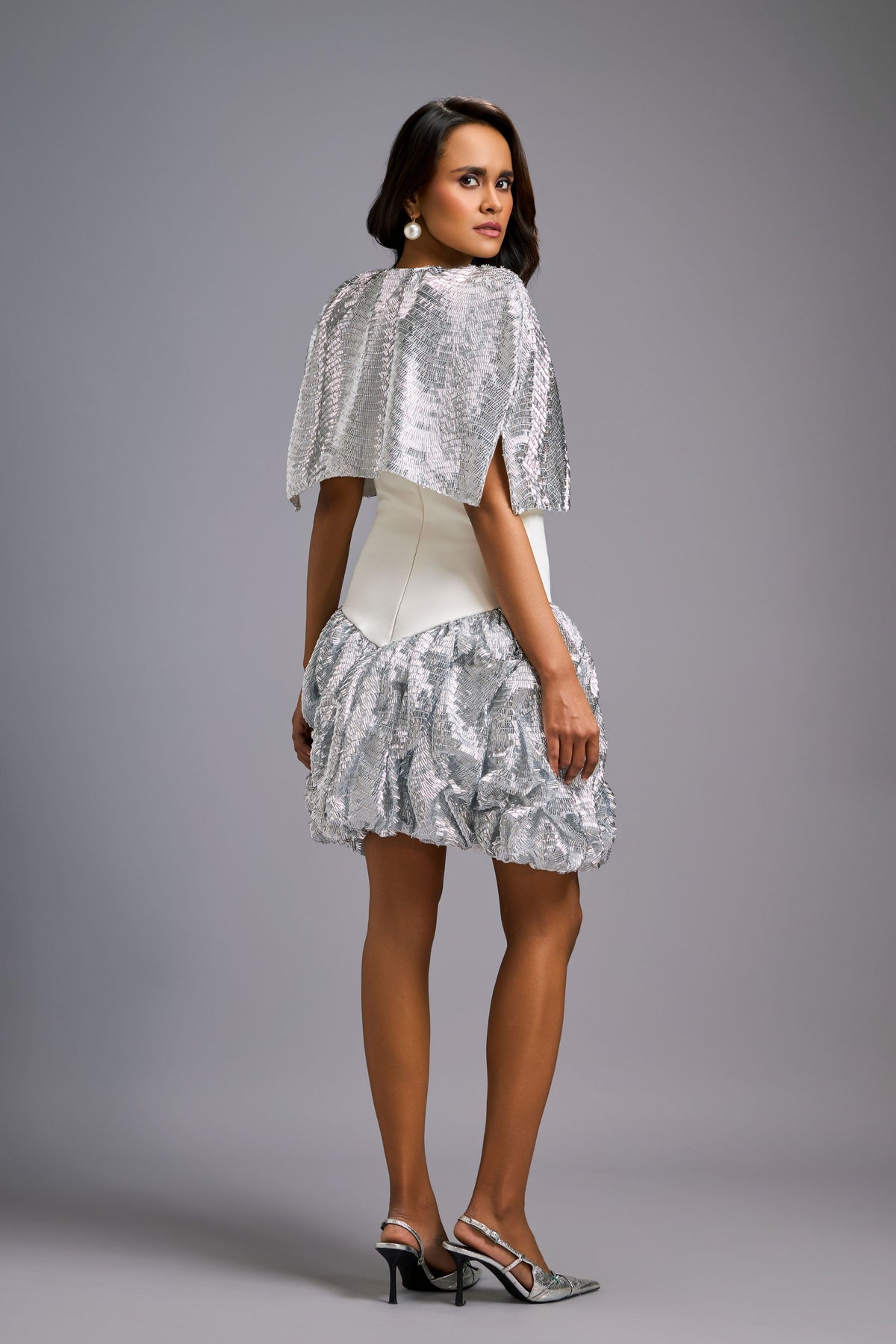 Shimmer Embroidered Silver Cape Dress