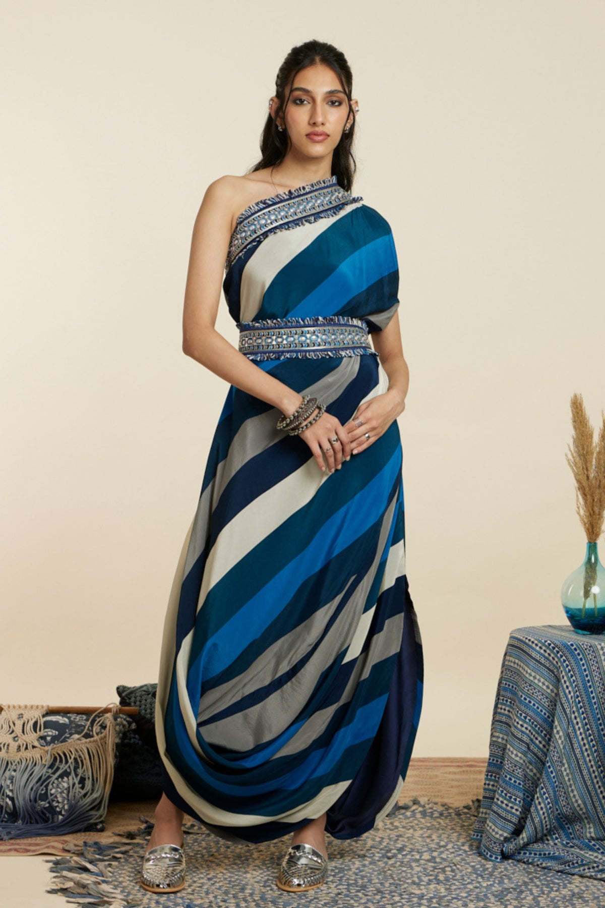 Blue Stripe Print Cowl Dress