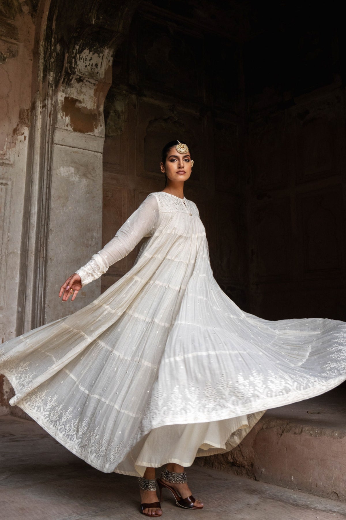 Off White 8 Layer Forest Anarkali Set