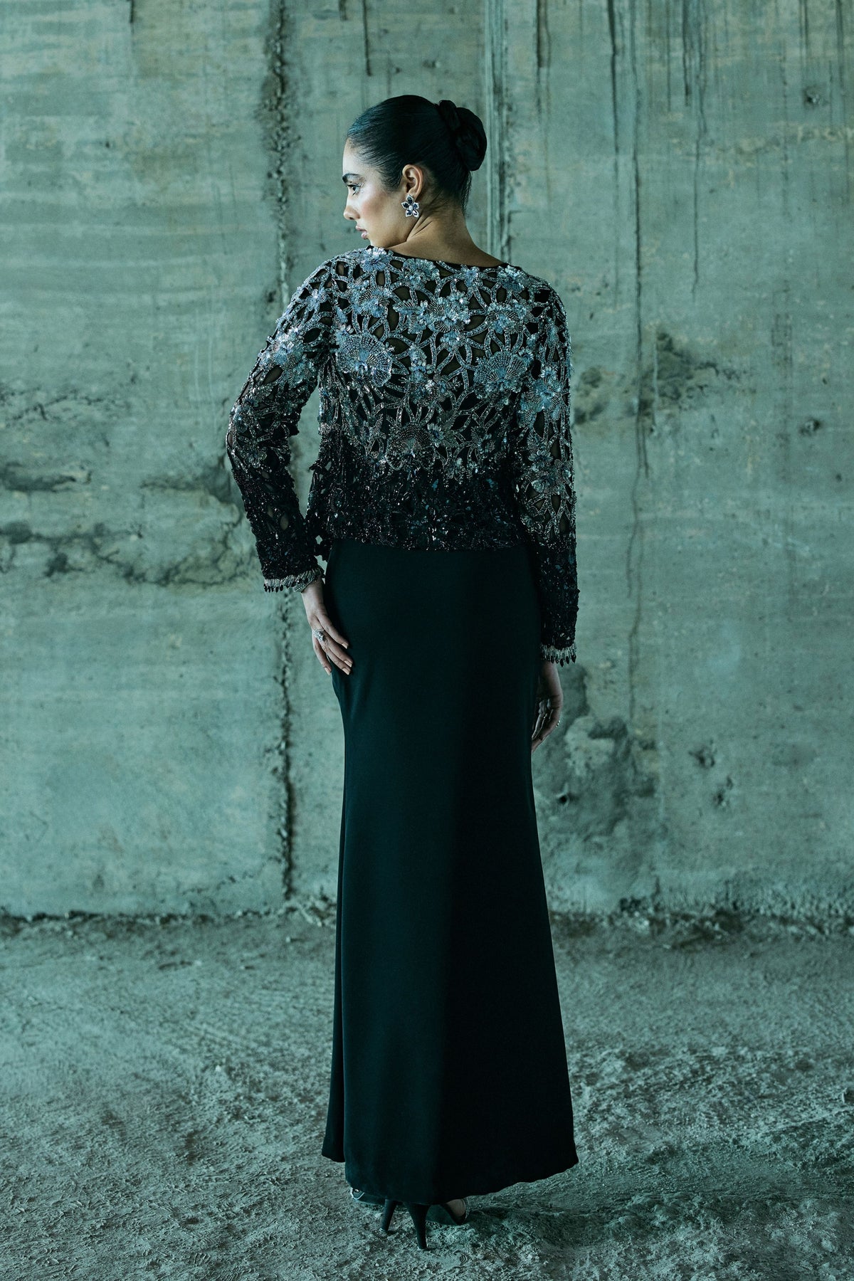 Black Shaded-Cutwork Jacket Set