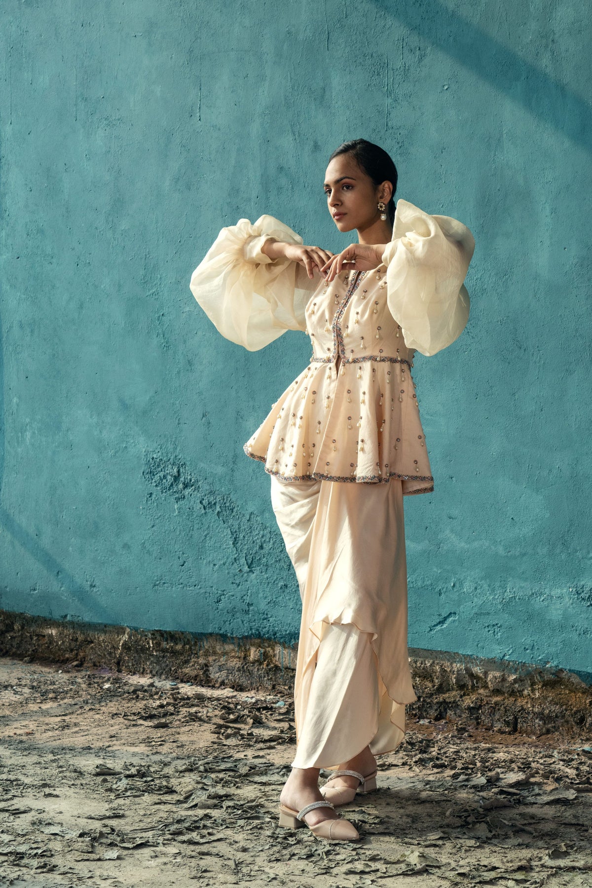 Emboridered Peplum With Draped Skirt