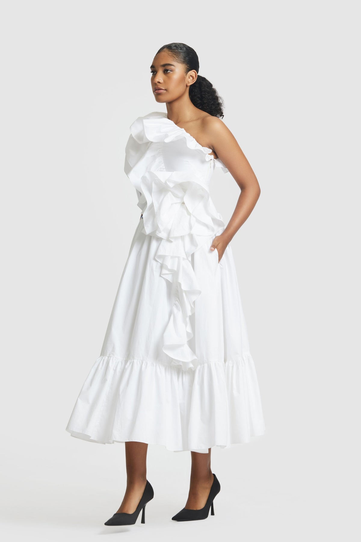 White One Shoulder Midi Dress