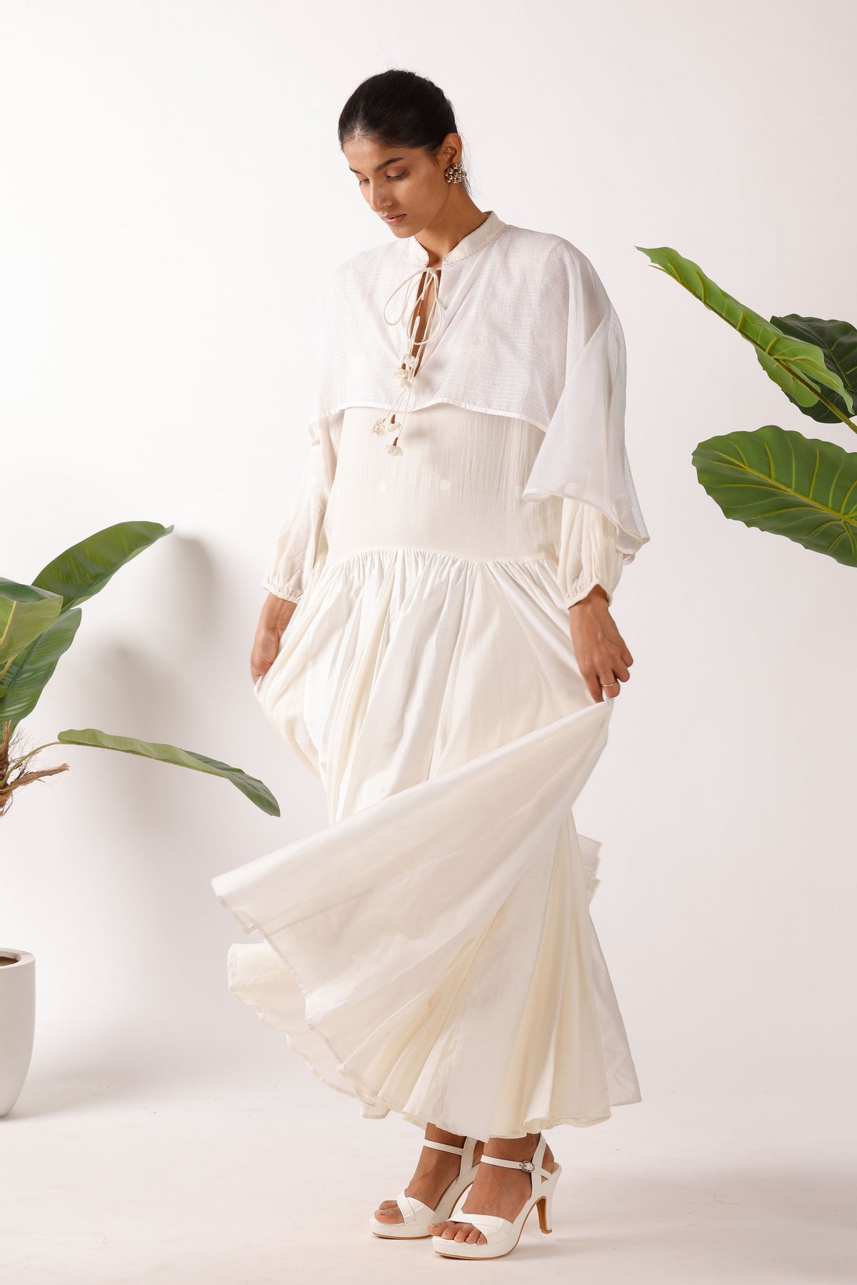 Cream Jamdani Godet Cape Dress