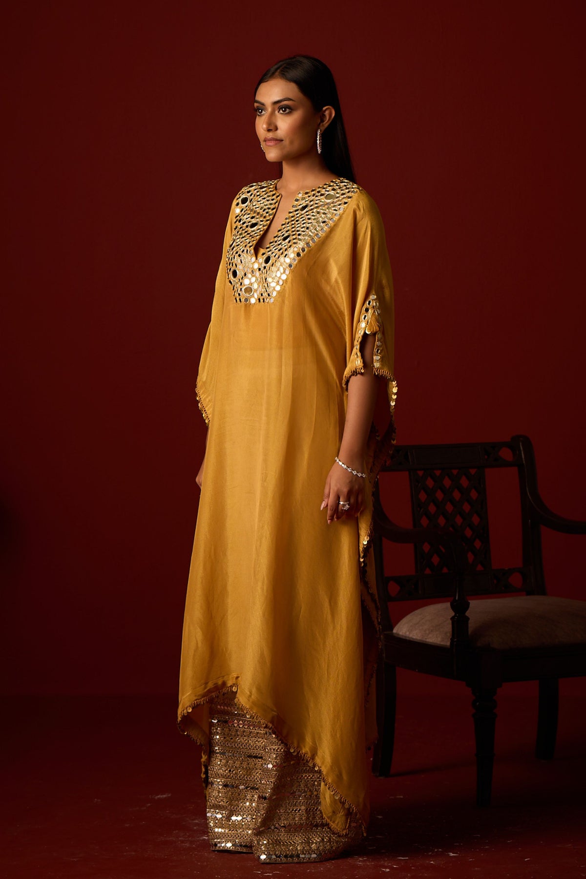 Golden Yellow Mirror Work Kaftan Set