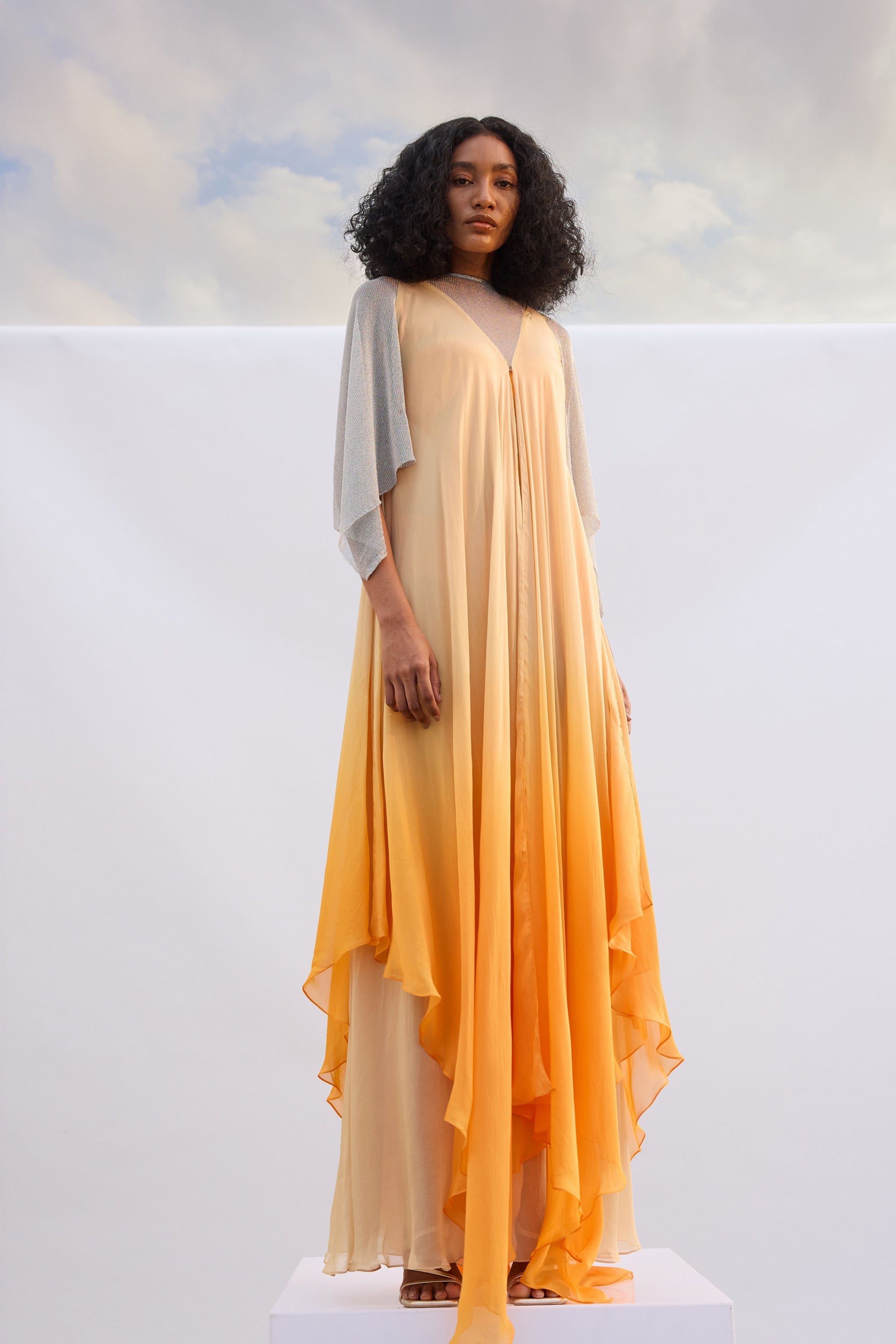long chiffon kaftan dress CULT MIA X SEMSEM SILK CHIFFON KAFTAN WITH CRYSTAL NECKLINE IN WHITE | CULT MIA