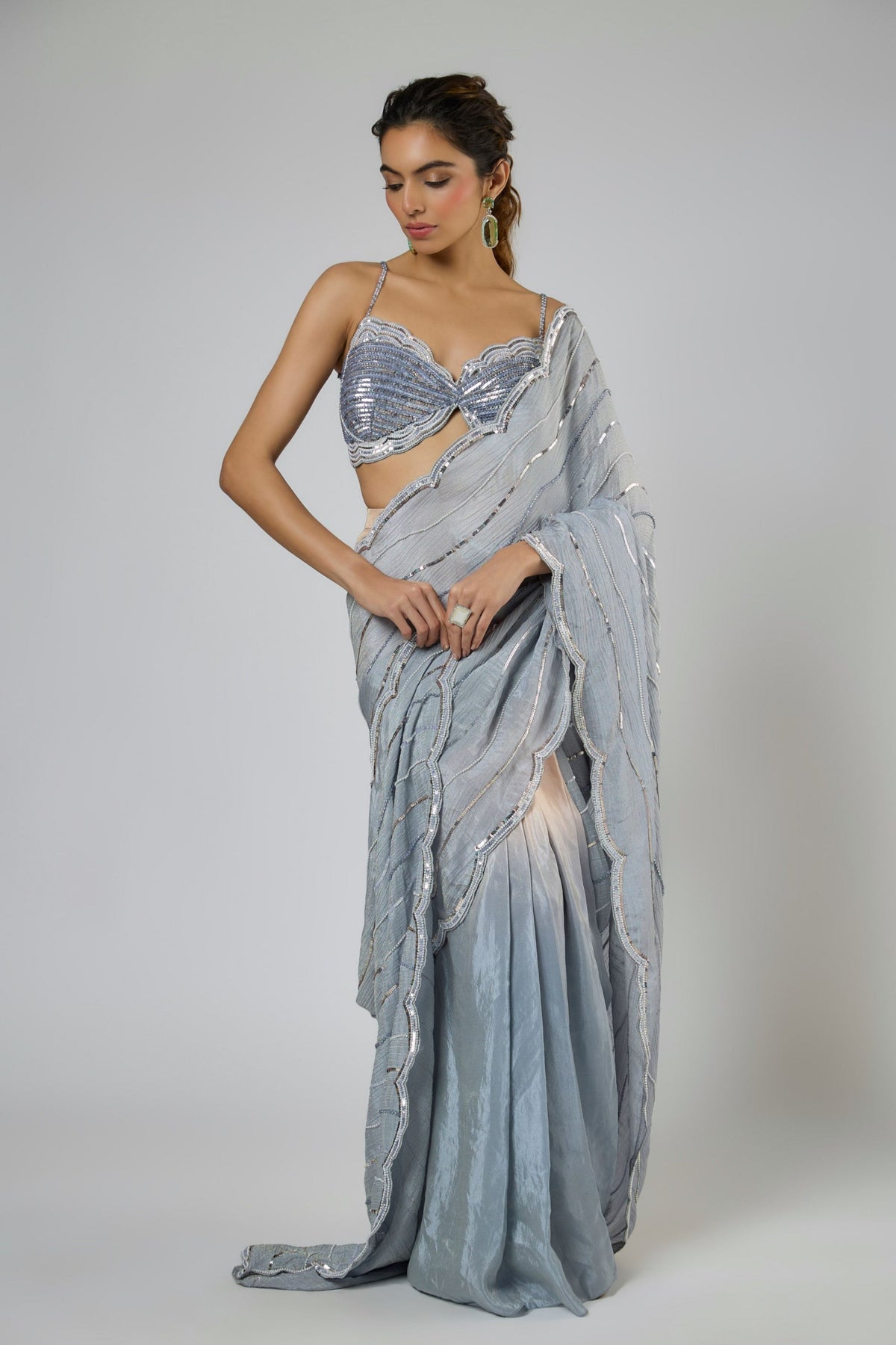 Periwinkle Cutwork Draped Saree Set