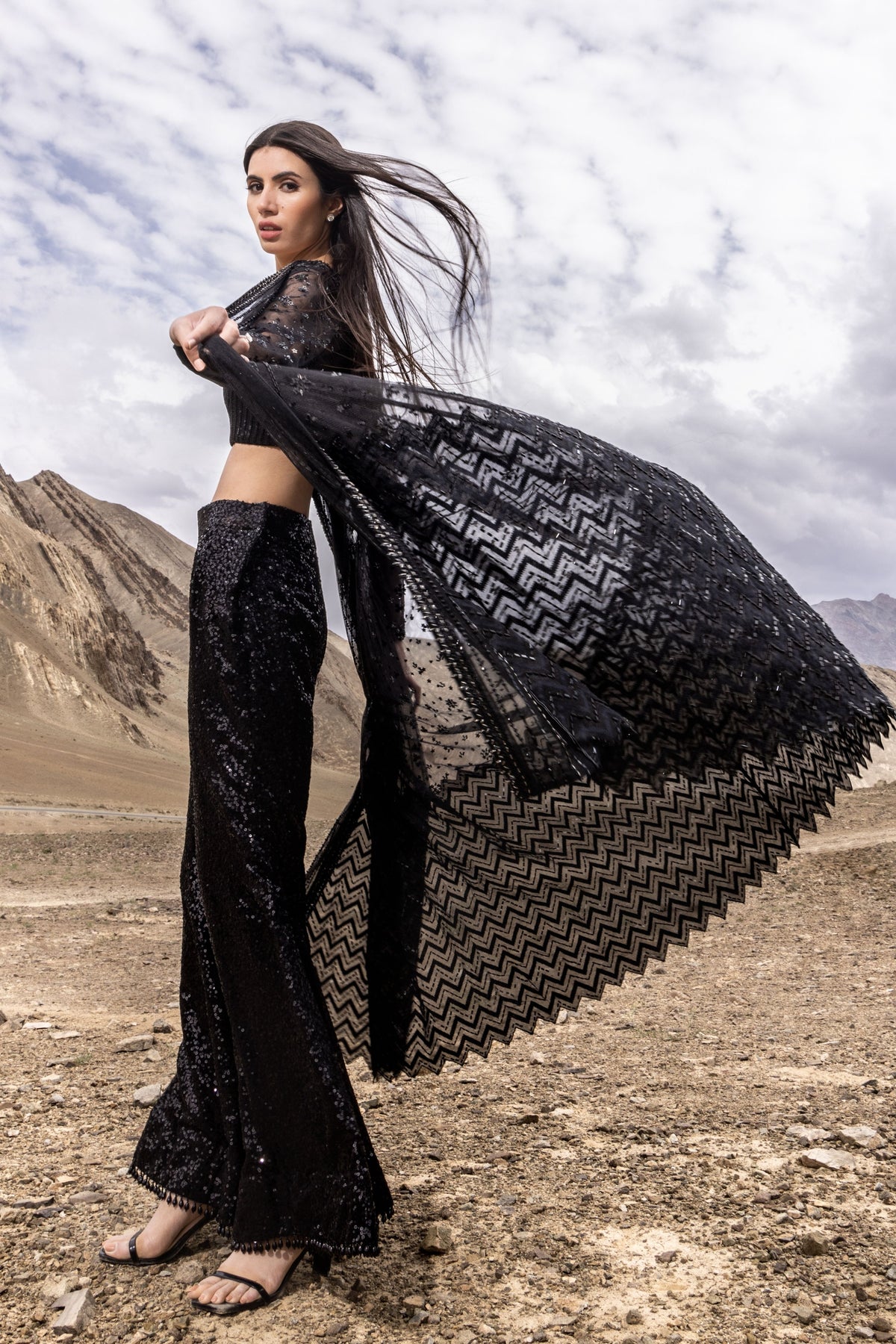 Black Cutdana Cape Set